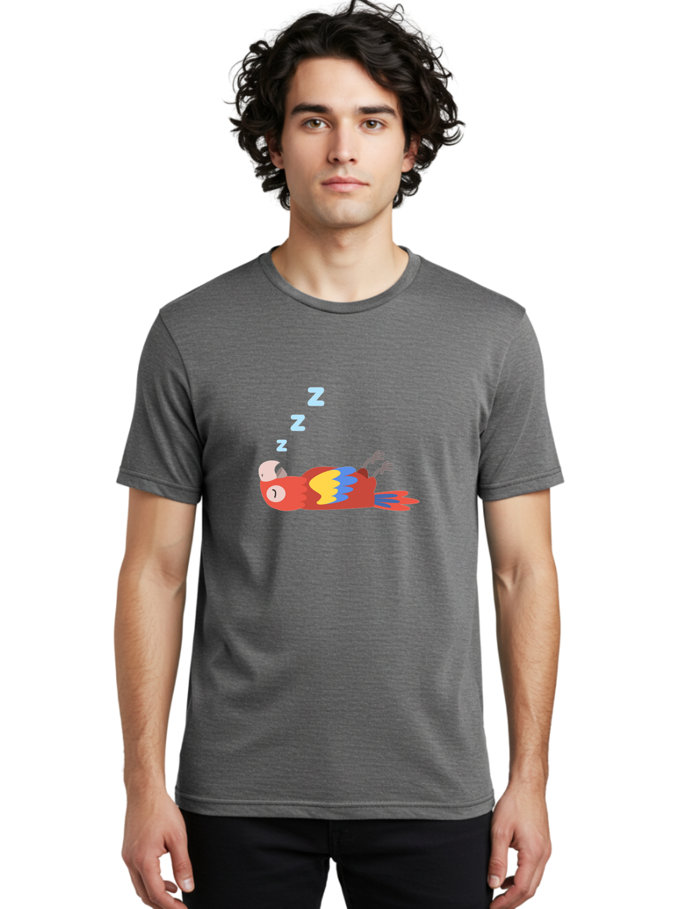 Sleeping-Parrot Men'S Graphic Tee, 100% Cotton, Comfortable Casual Summer Wear, Machine Washable, Sleeping Parrot, Cartoon Parrot, Colorful Bird, Vibrant Feathers, Blue And Yellow Wings, Relaxed Atmosphere, Dreamy Mood, Zzz Symbol Aab890