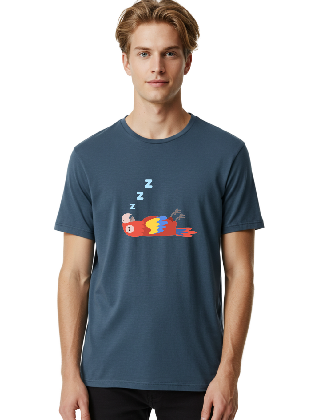 Sleeping-Parrot Men'S Graphic Tee, 100% Cotton, Comfortable Casual Summer Wear, Machine Washable, Sleeping Parrot, Cartoon Parrot, Colorful Bird, Vibrant Feathers, Blue And Yellow Wings, Relaxed Atmosphere, Dreamy Mood, Zzz Symbol Aab890