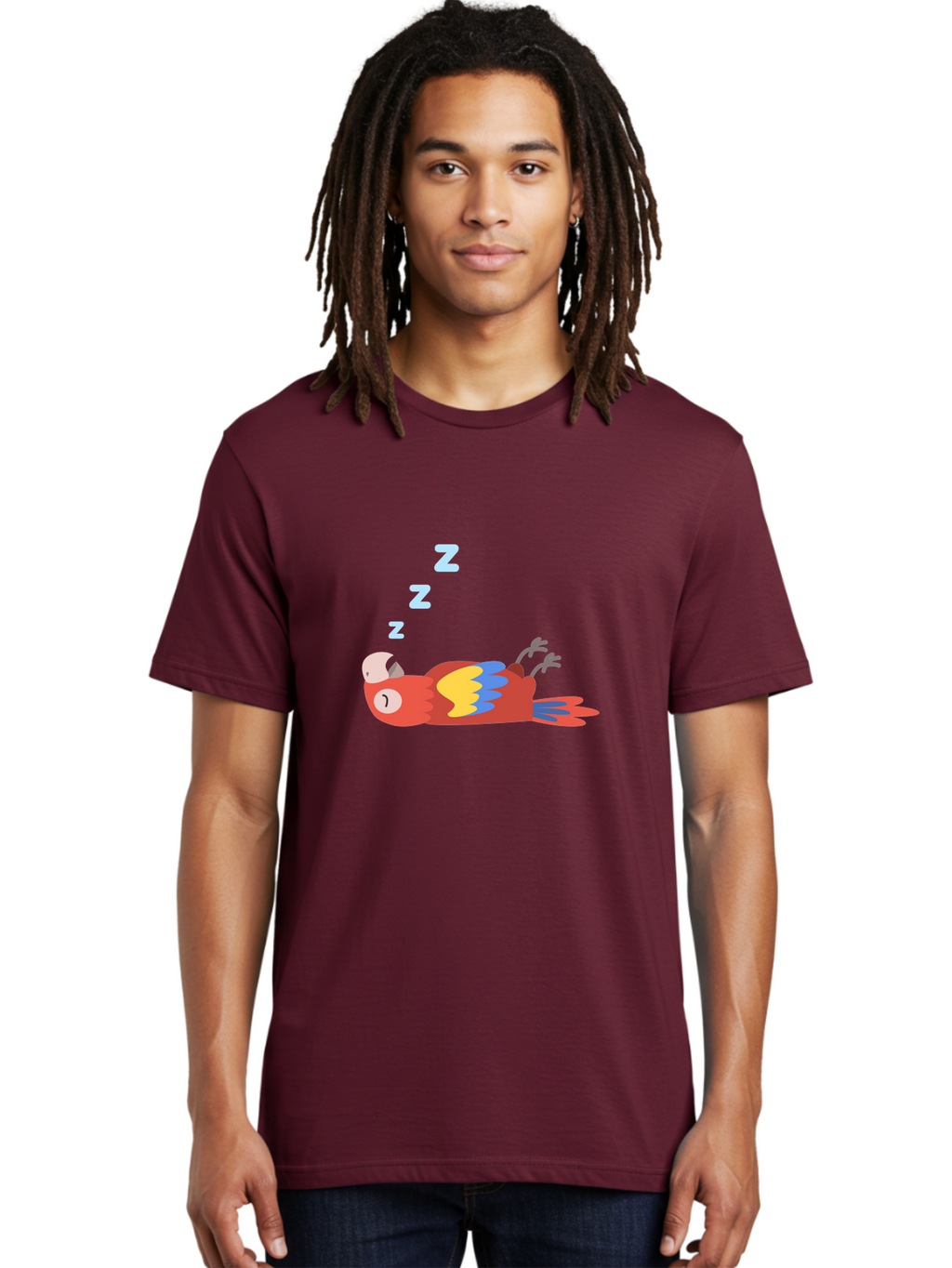 Sleeping-Parrot Men'S Graphic Tee, 100% Cotton, Comfortable Casual Summer Wear, Machine Washable, Sleeping Parrot, Cartoon Parrot, Colorful Bird, Vibrant Feathers, Blue And Yellow Wings, Relaxed Atmosphere, Dreamy Mood, Zzz Symbol Aab890