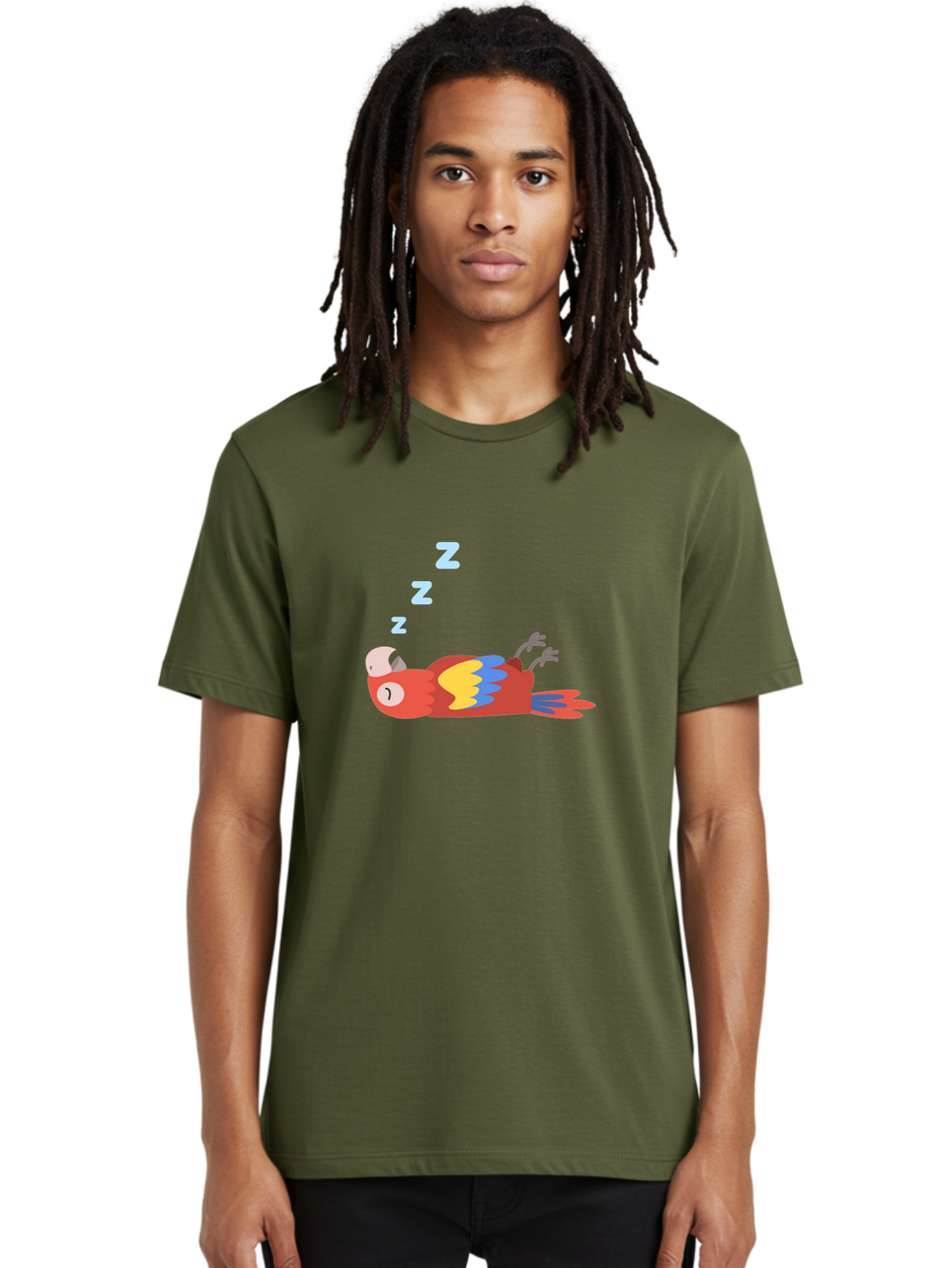 Sleeping-Parrot Men'S Graphic Tee, 100% Cotton, Comfortable Casual Summer Wear, Machine Washable, Sleeping Parrot, Cartoon Parrot, Colorful Bird, Vibrant Feathers, Blue And Yellow Wings, Relaxed Atmosphere, Dreamy Mood, Zzz Symbol Aab890