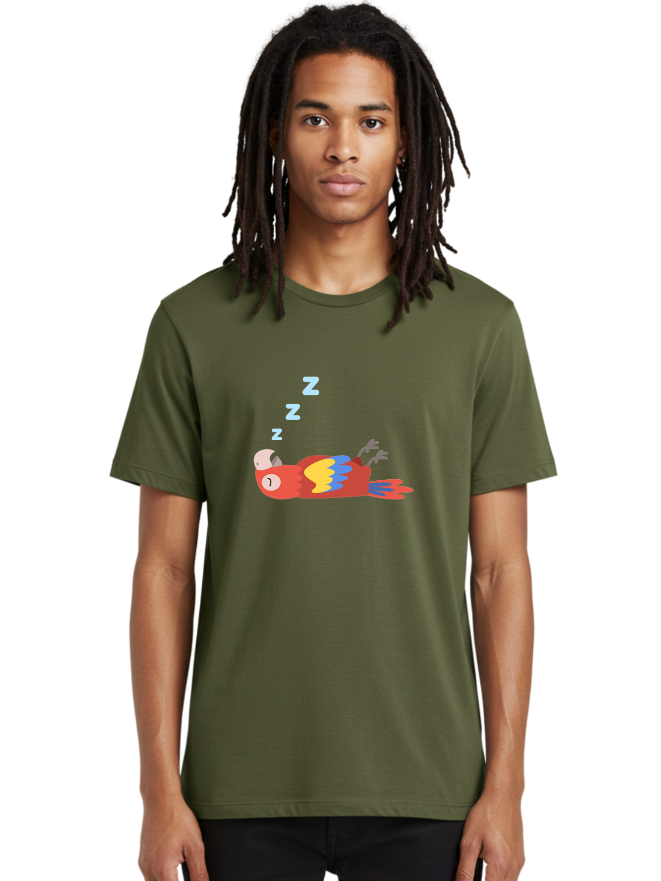 Sleeping-Parrot Men'S Graphic Tee, 100% Cotton, Comfortable Casual Summer Wear, Machine Washable, Sleeping Parrot, Cartoon Parrot, Colorful Bird, Vibrant Feathers, Blue And Yellow Wings, Relaxed Atmosphere, Dreamy Mood, Zzz Symbol Aab890