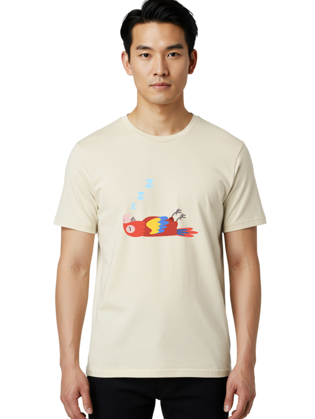 Sleeping-Parrot Men'S Graphic Tee, 100% Cotton, Comfortable Casual Summer Wear, Machine Washable, Sleeping Parrot, Cartoon Parrot, Colorful Bird, Vibrant Feathers, Blue And Yellow Wings, Relaxed Atmosphere, Dreamy Mood, Zzz Symbol Aab890