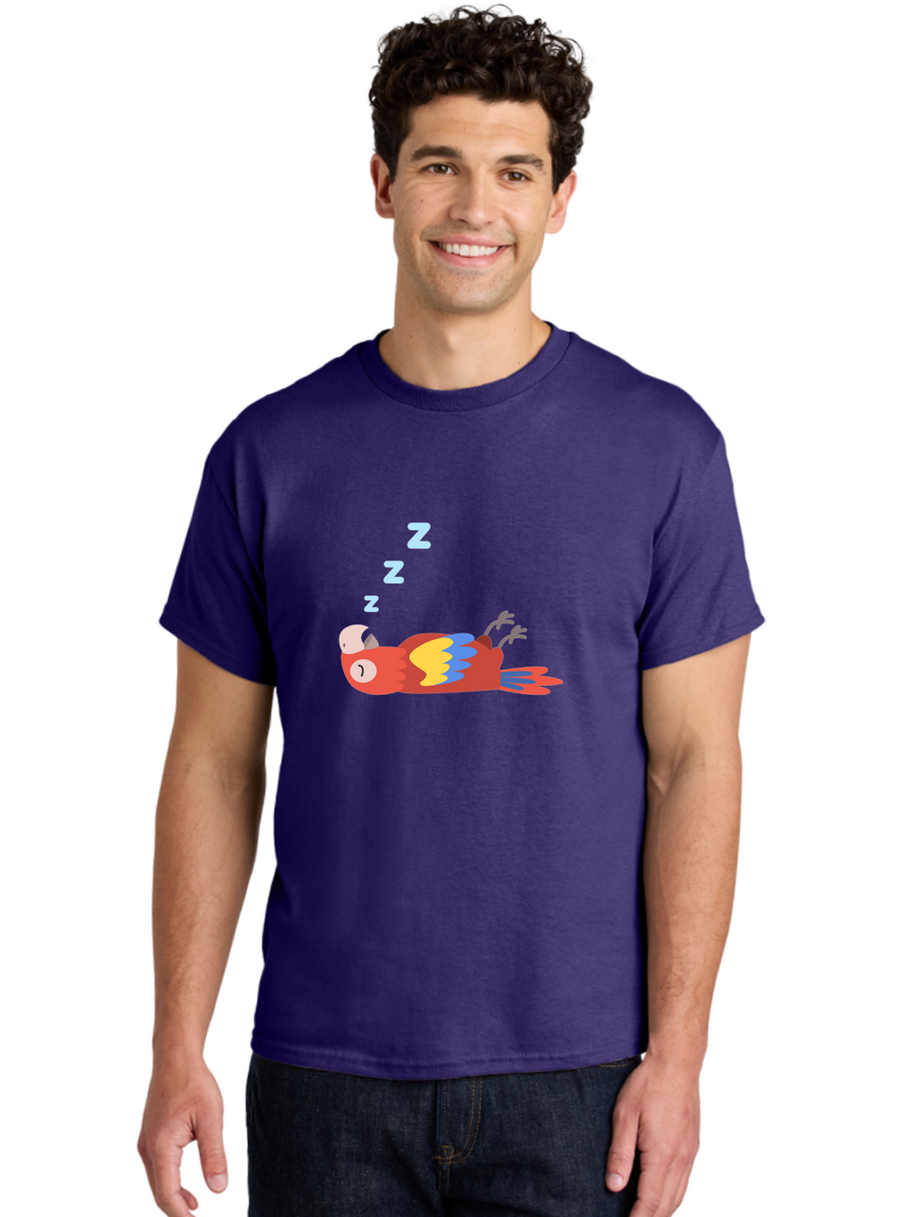 Sleeping-Parrot Men'S Graphic Tee, 100% Cotton, Comfortable Casual Summer Wear, Machine Washable, Sleeping Parrot, Cartoon Parrot, Colorful Bird, Vibrant Feathers, Blue And Yellow Wings, Relaxed Atmosphere, Dreamy Mood, Zzz Symbol Aab890