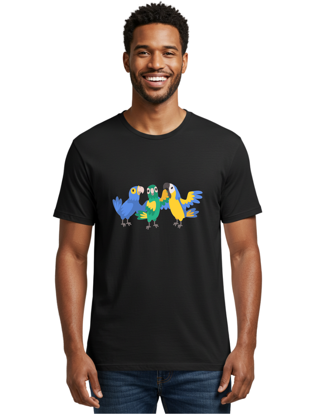 Three-Parrots-1 Men'S Graphic Tee, 100% Cotton, Comfortable Casual Summer Wear, Machine Washable, Colorful Parrots, Vibrant Plumage, Playful Birds, Blue And Yellow Feathers, Parrot Illustration, Playful Interaction, Wild Birds, Parrot Species Aab891