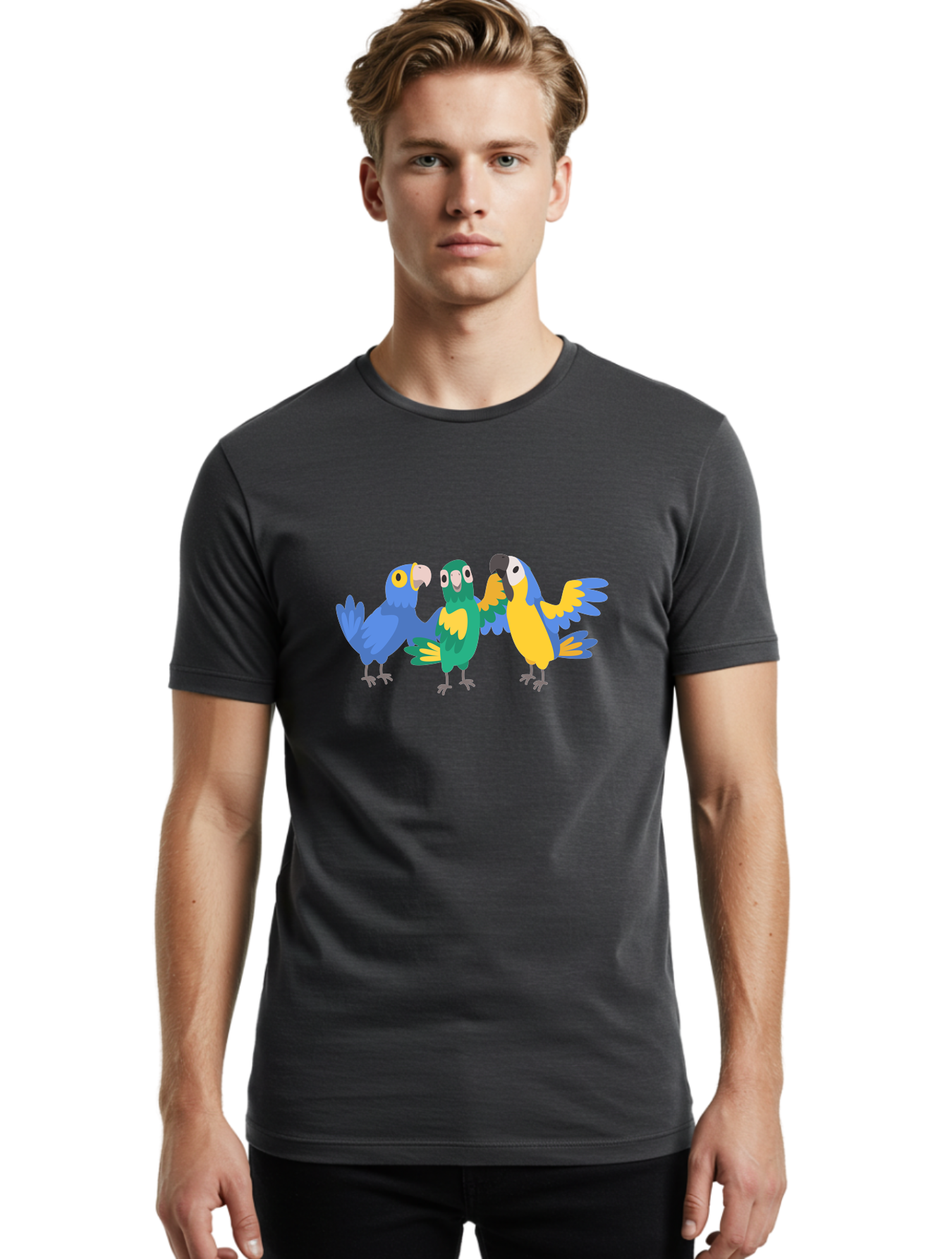 Three-Parrots-1 Men'S Graphic Tee, 100% Cotton, Comfortable Casual Summer Wear, Machine Washable, Colorful Parrots, Vibrant Plumage, Playful Birds, Blue And Yellow Feathers, Parrot Illustration, Playful Interaction, Wild Birds, Parrot Species Aab891