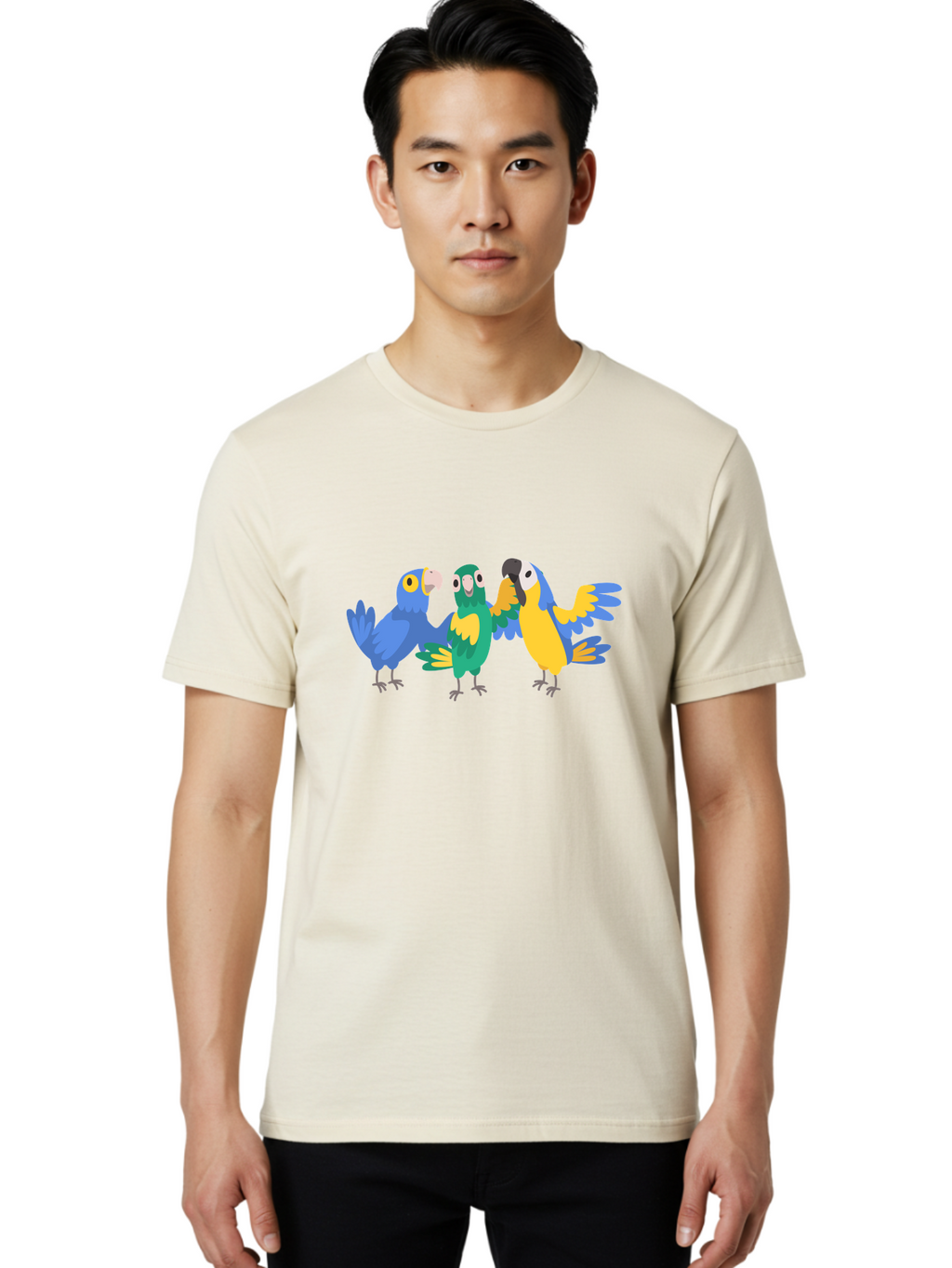 Three-Parrots-1 Men'S Graphic Tee, 100% Cotton, Comfortable Casual Summer Wear, Machine Washable, Colorful Parrots, Vibrant Plumage, Playful Birds, Blue And Yellow Feathers, Parrot Illustration, Playful Interaction, Wild Birds, Parrot Species Aab891