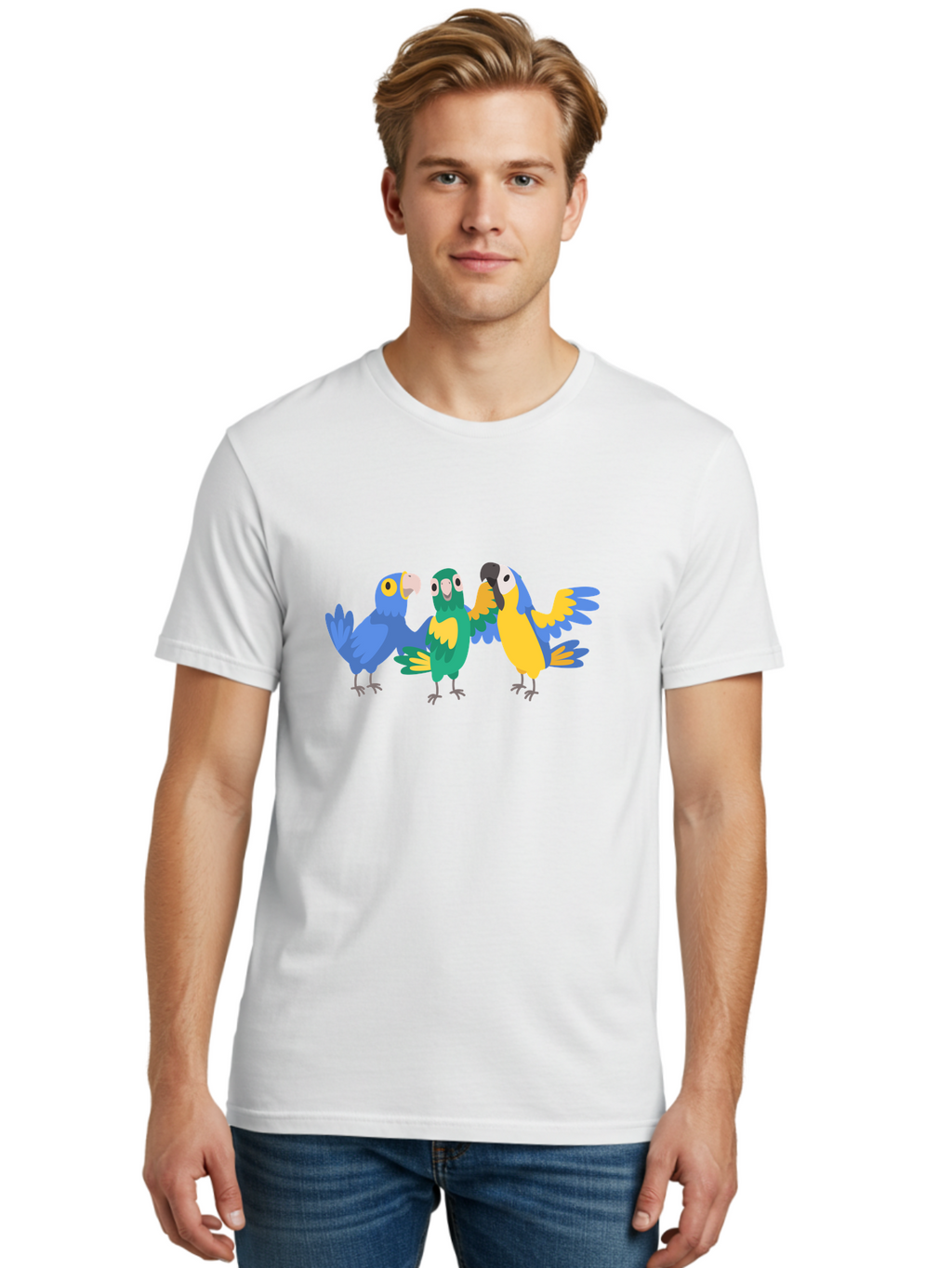 Three-Parrots-1 Men'S Graphic Tee, 100% Cotton, Comfortable Casual Summer Wear, Machine Washable, Colorful Parrots, Vibrant Plumage, Playful Birds, Blue And Yellow Feathers, Parrot Illustration, Playful Interaction, Wild Birds, Parrot Species Aab891