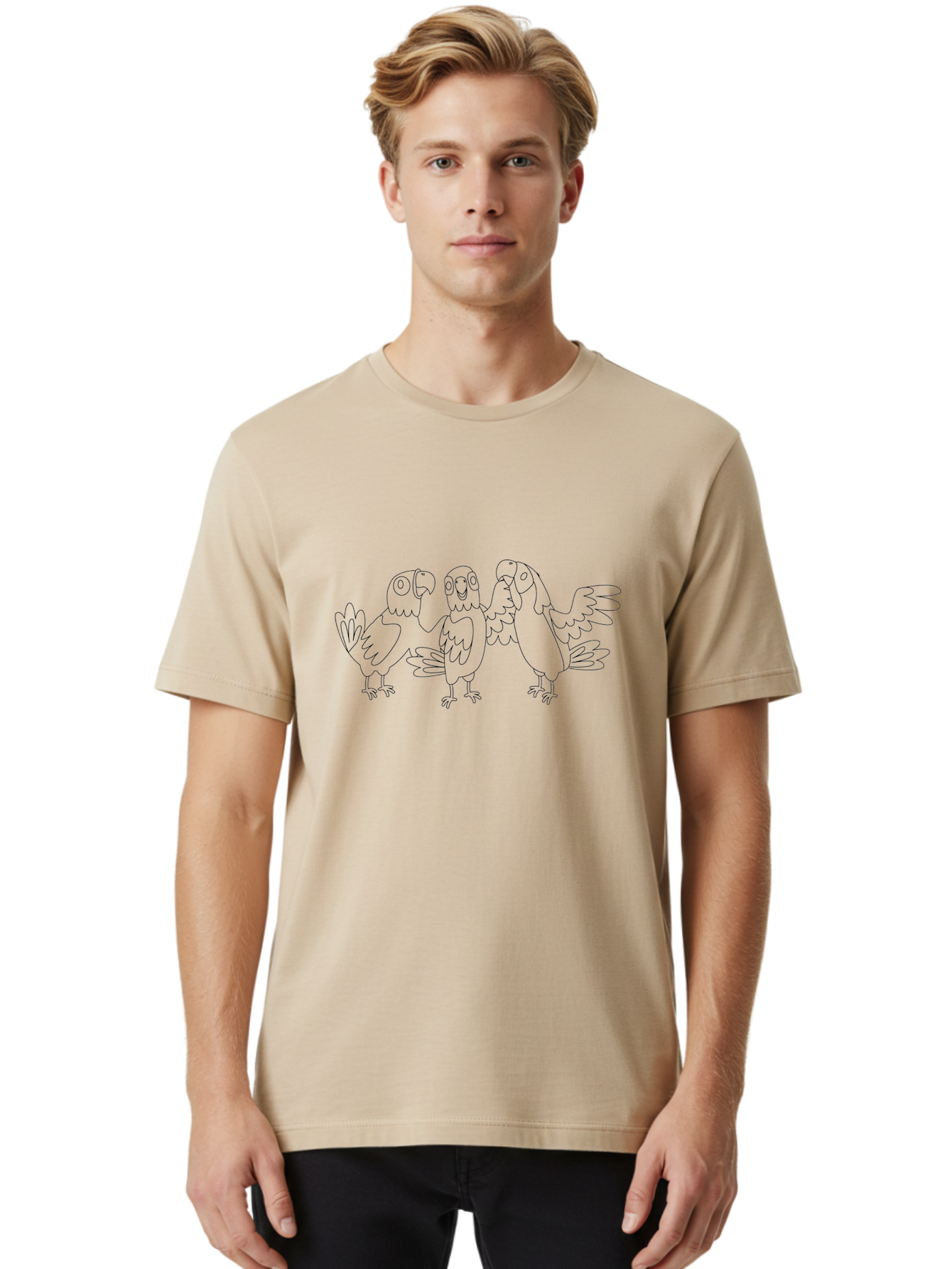 Three-Parrots-2 Men'S Graphic Tee, 100% Cotton, Comfortable Casual Summer Wear, Machine Washable, Parrots, Birds, Cartoon, Simple Line Art, Black And White, Bird Illustrations, Animal Friends Aab892