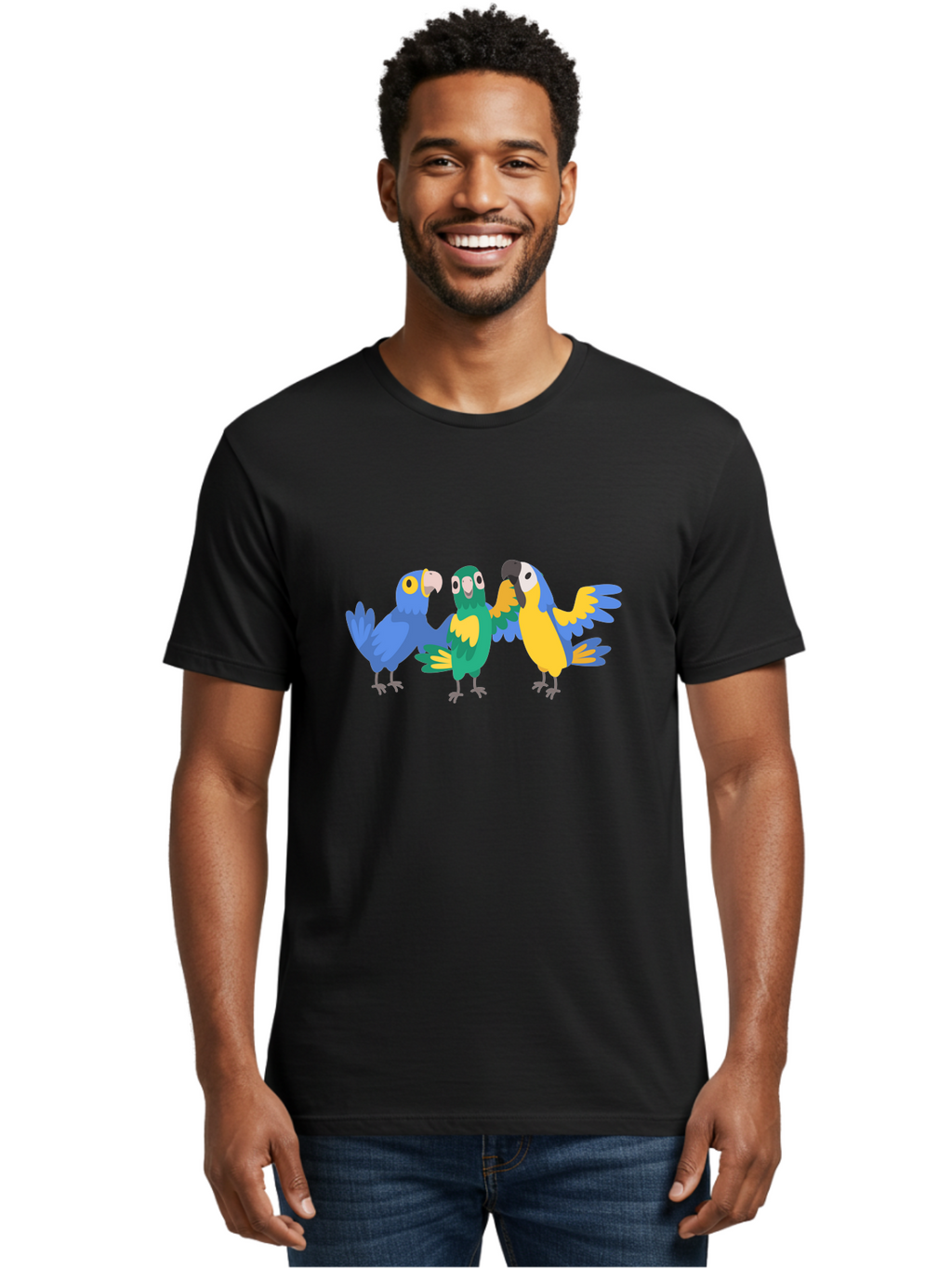 Three-Parrots Men'S Graphic Tee, 100% Cotton, Comfortable Casual Summer Wear, Machine Washable, Colorful Parrots, Vibrant Blue And Yellow Feathers, Playful Birds, Parrot Friends, Tropical Birds, Bird Illustrations, Cartoon Parrots, Aab894