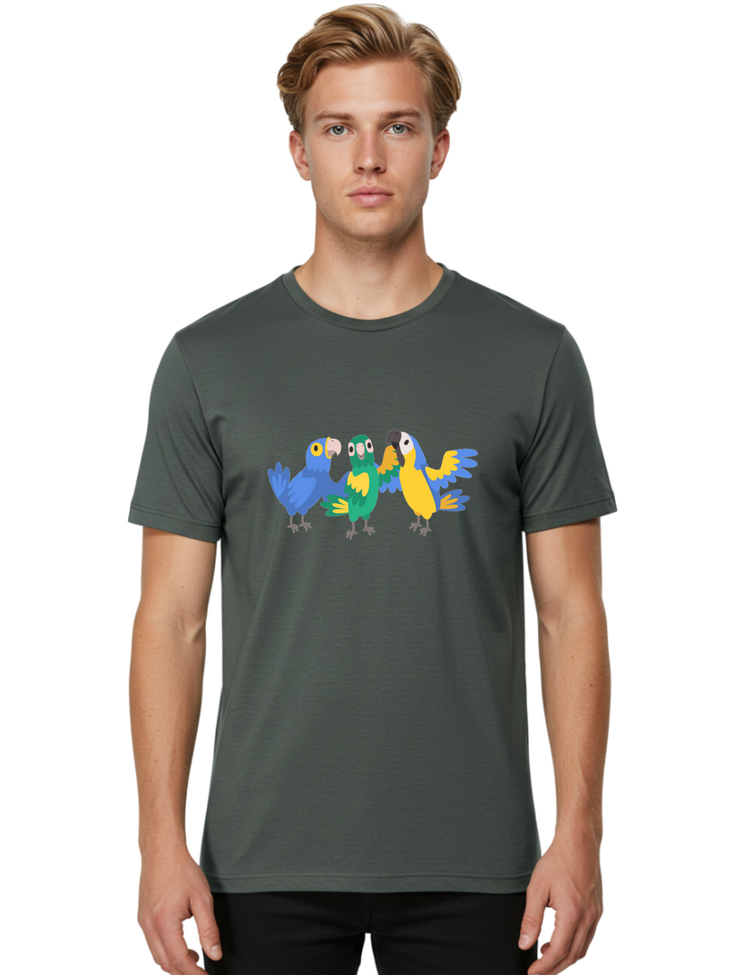 Three-Parrots Men'S Graphic Tee, 100% Cotton, Comfortable Casual Summer Wear, Machine Washable, Colorful Parrots, Vibrant Blue And Yellow Feathers, Playful Birds, Parrot Friends, Tropical Birds, Bird Illustrations, Cartoon Parrots, Aab894