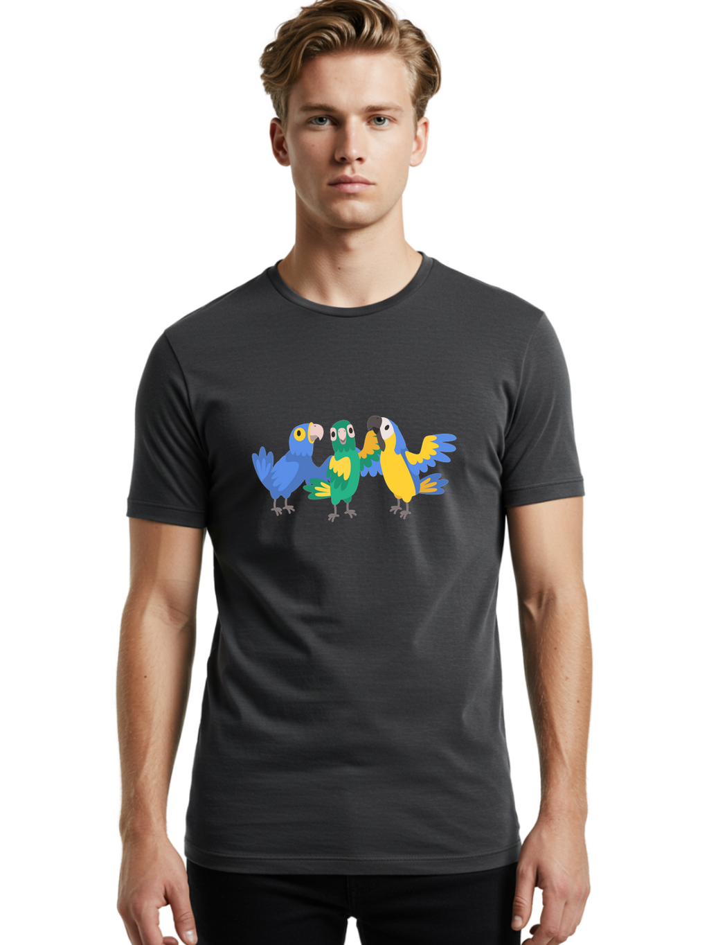 Three-Parrots Men'S Graphic Tee, 100% Cotton, Comfortable Casual Summer Wear, Machine Washable, Colorful Parrots, Vibrant Blue And Yellow Feathers, Playful Birds, Parrot Friends, Tropical Birds, Bird Illustrations, Cartoon Parrots, Aab894