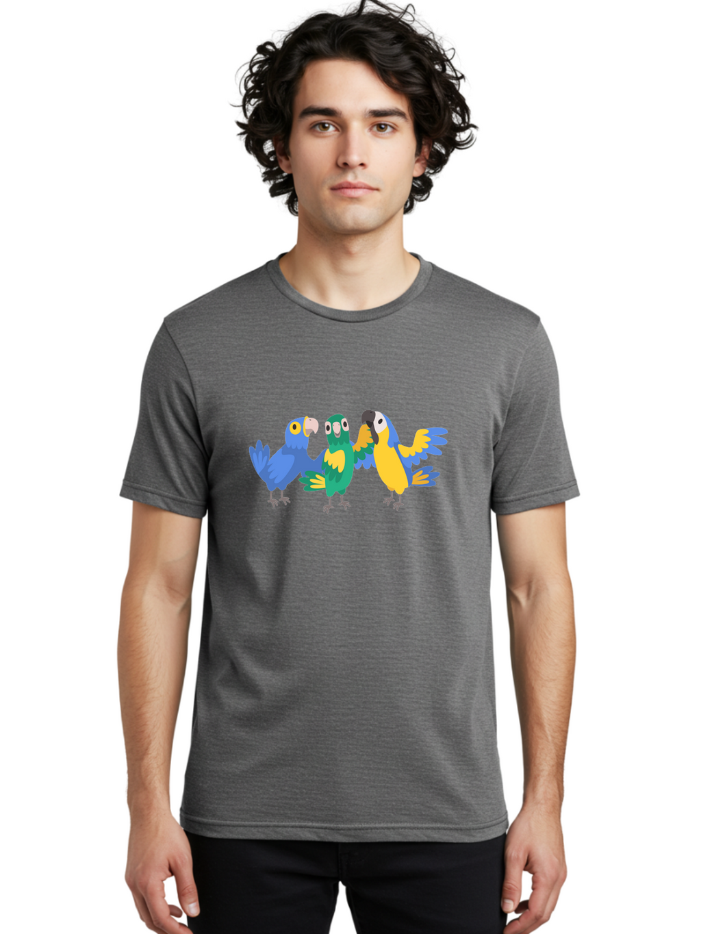 Three-Parrots Men'S Graphic Tee, 100% Cotton, Comfortable Casual Summer Wear, Machine Washable, Colorful Parrots, Vibrant Blue And Yellow Feathers, Playful Birds, Parrot Friends, Tropical Birds, Bird Illustrations, Cartoon Parrots, Aab894