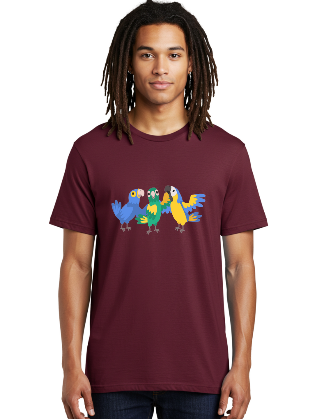 Three-Parrots Men'S Graphic Tee, 100% Cotton, Comfortable Casual Summer Wear, Machine Washable, Colorful Parrots, Vibrant Blue And Yellow Feathers, Playful Birds, Parrot Friends, Tropical Birds, Bird Illustrations, Cartoon Parrots, Aab894