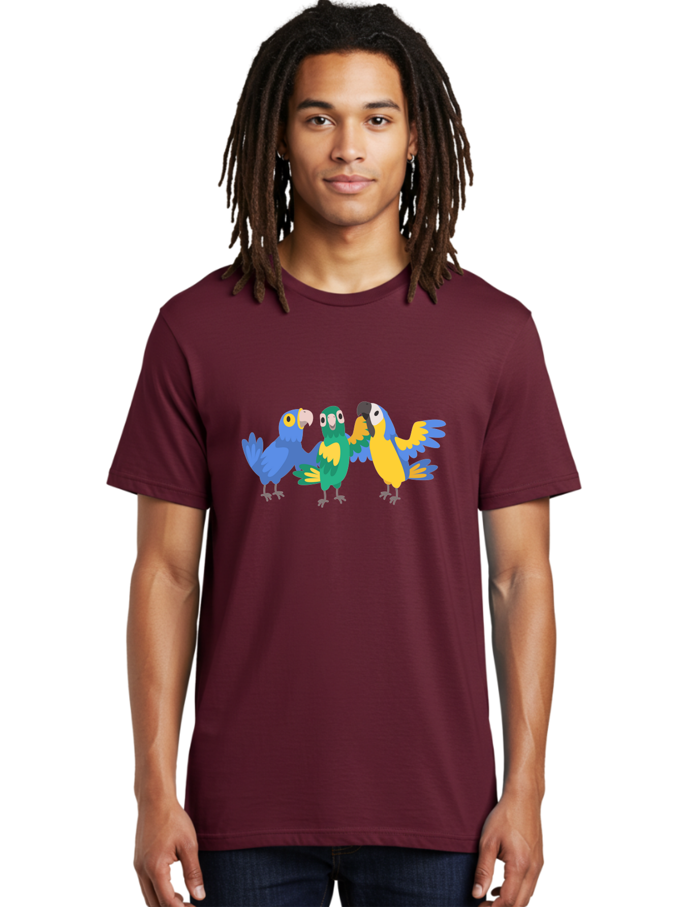 Three-Parrots Men'S Graphic Tee, 100% Cotton, Comfortable Casual Summer Wear, Machine Washable, Colorful Parrots, Vibrant Blue And Yellow Feathers, Playful Birds, Parrot Friends, Tropical Birds, Bird Illustrations, Cartoon Parrots, Aab894