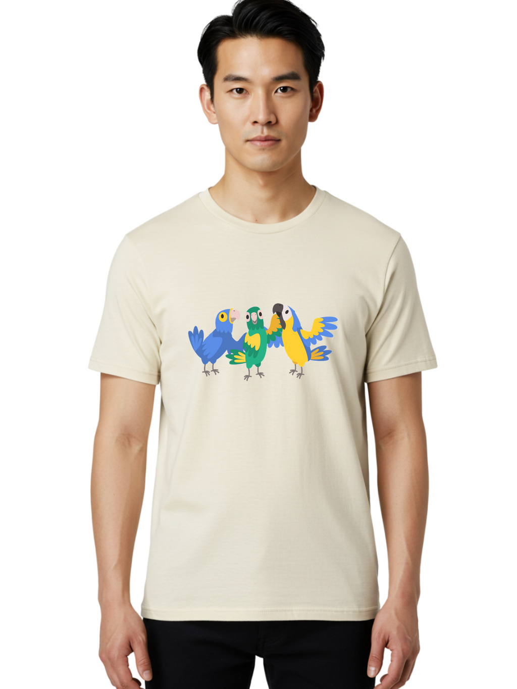 Three-Parrots Men'S Graphic Tee, 100% Cotton, Comfortable Casual Summer Wear, Machine Washable, Colorful Parrots, Vibrant Blue And Yellow Feathers, Playful Birds, Parrot Friends, Tropical Birds, Bird Illustrations, Cartoon Parrots, Aab894