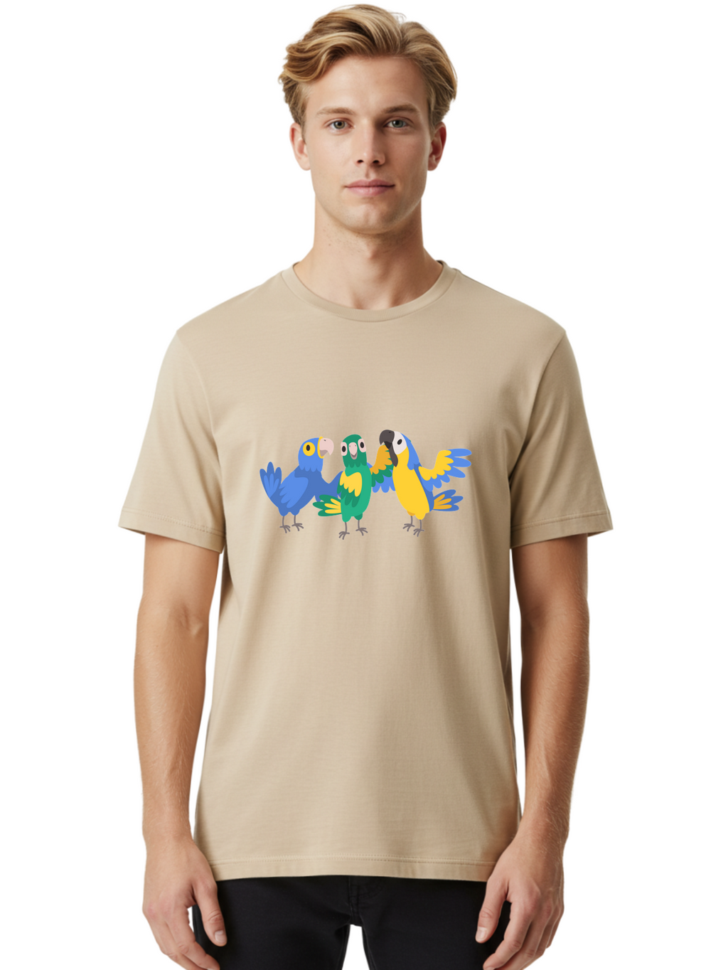 Three-Parrots Men'S Graphic Tee, 100% Cotton, Comfortable Casual Summer Wear, Machine Washable, Colorful Parrots, Vibrant Blue And Yellow Feathers, Playful Birds, Parrot Friends, Tropical Birds, Bird Illustrations, Cartoon Parrots, Aab894