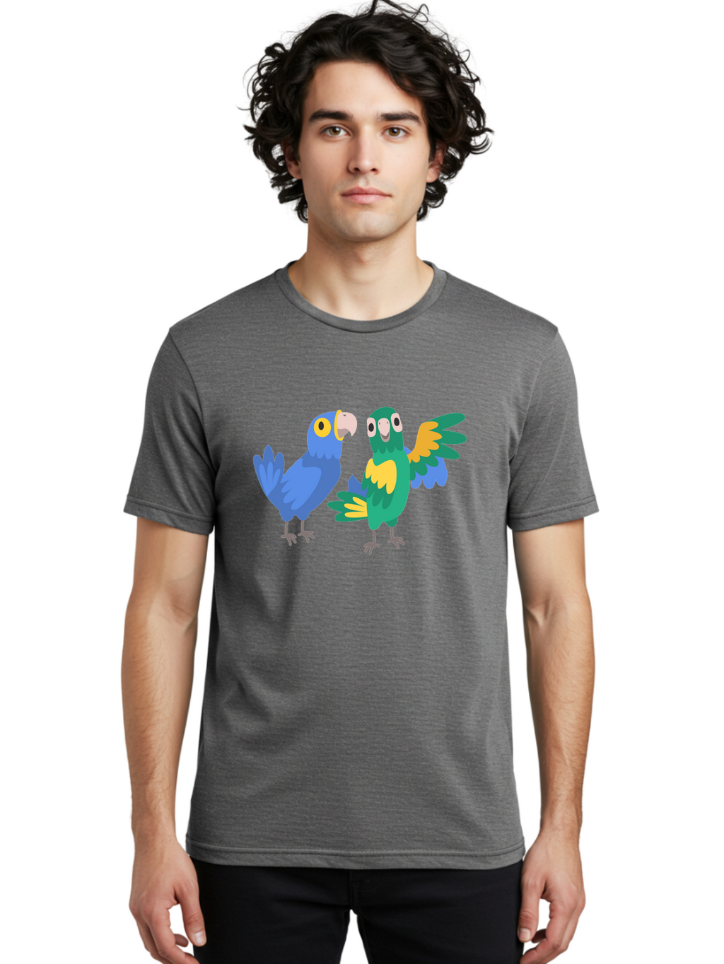 Two-Parrots Men'S Graphic Tee, 100% Cotton, Comfortable Casual Summer Wear, Machine Washable, Cartoon Parrots, Colorful Birds, Vibrant Plumage, Blue Parrot, Green Parrot, Yellow Accents, Playful Birds, Animated Creatures, Parrot Illustration, Aab896