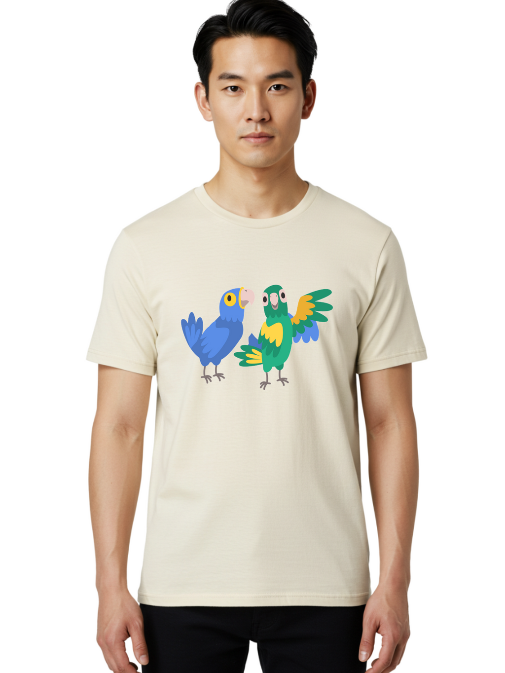 Two-Parrots Men'S Graphic Tee, 100% Cotton, Comfortable Casual Summer Wear, Machine Washable, Cartoon Parrots, Colorful Birds, Vibrant Plumage, Blue Parrot, Green Parrot, Yellow Accents, Playful Birds, Animated Creatures, Parrot Illustration, Aab896