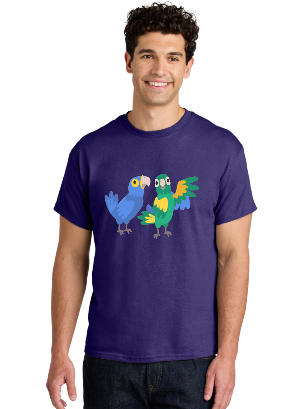 Two-Parrots Men'S Graphic Tee, 100% Cotton, Comfortable Casual Summer Wear, Machine Washable, Cartoon Parrots, Colorful Birds, Vibrant Plumage, Blue Parrot, Green Parrot, Yellow Accents, Playful Birds, Animated Creatures, Parrot Illustration, Aab896