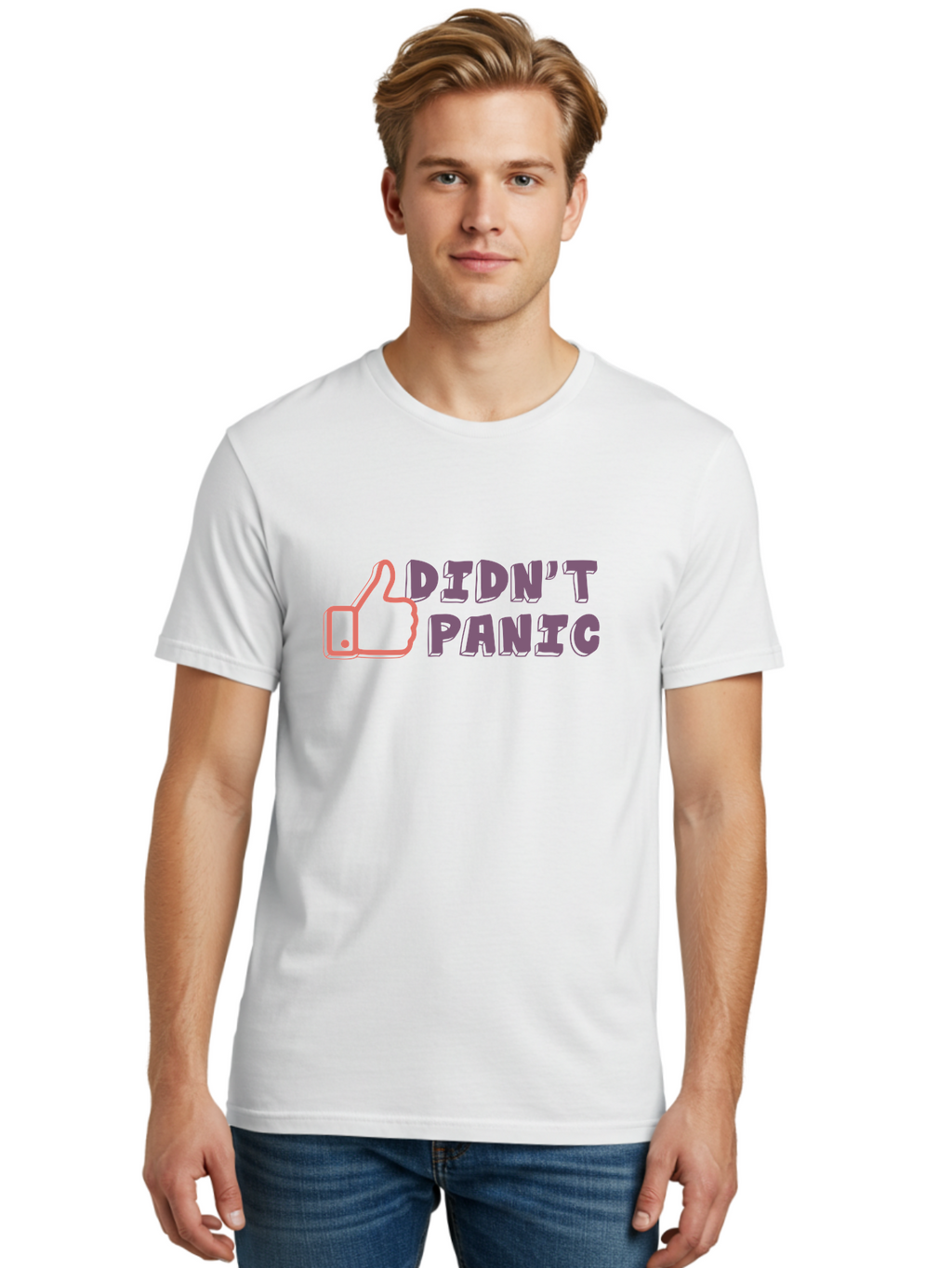Didn-T-Panic Men'S Graphic Tee, 100% Cotton, Comfortable Casual Summer Wear, Machine Washable, Thumbs Up, Approval, Calmness, Confidence, Positivity, Humor, Parody, Sarcasm, Laid Back Attitude, Relaxed Vibe, Funny Meme Aab898