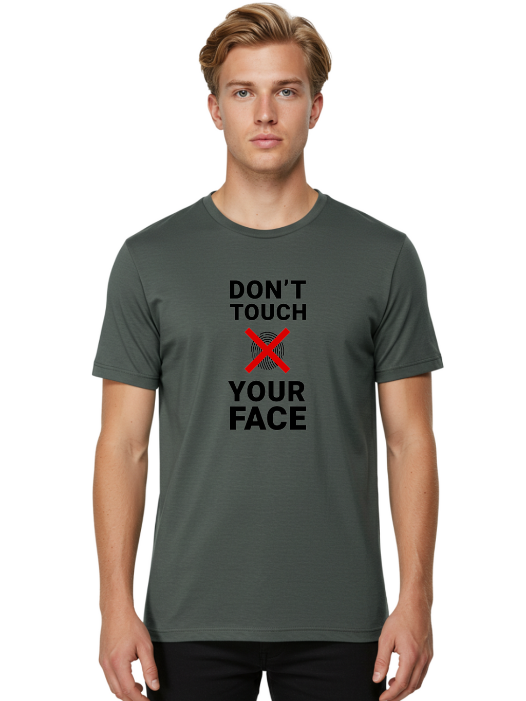 Don-T-Touch-Your-Face Men'S Graphic Tee, 100% Cotton, Comfortable Casual Summer Wear, Machine Washable, Public Health Warning, Hygiene Reminder, Face Touching Prevention, Fingerprint Graphic, Red Cross Symbol, Health Safety Message, Aab901