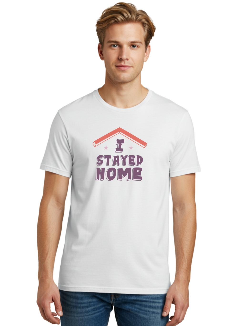 I-Stayed-Home Men'S Graphic Tee, 100% Cotton, Comfortable Casual Summer Wear, Machine Washable, Stay Home, Social Distancing, Covid-19 Awareness, Home Sweet Home, Quarantine Life, Lockdown, Purple And Pink Typography, Illustration Aab907