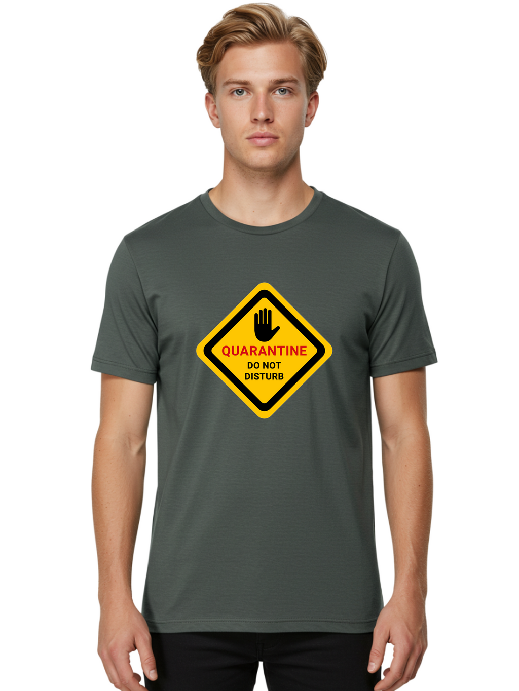 Quarantine-Warning-Sign Men'S Graphic Tee, 100% Cotton, Comfortable Casual Summer Wear, Machine Washable, Quarantine Sign, Warning Sign, Do Not Disturb, Hand Gesture, Caution Sign, Health Alert, Isolation Notice, Pandemic Warning Aab915