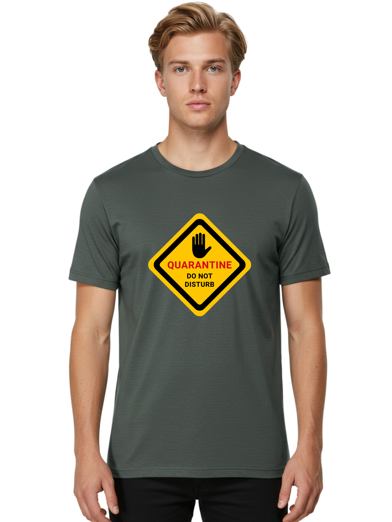 Quarantine-Warning-Sign Men'S Graphic Tee, 100% Cotton, Comfortable Casual Summer Wear, Machine Washable, Quarantine Sign, Warning Sign, Do Not Disturb, Hand Gesture, Caution Sign, Health Alert, Isolation Notice, Pandemic Warning Aab915
