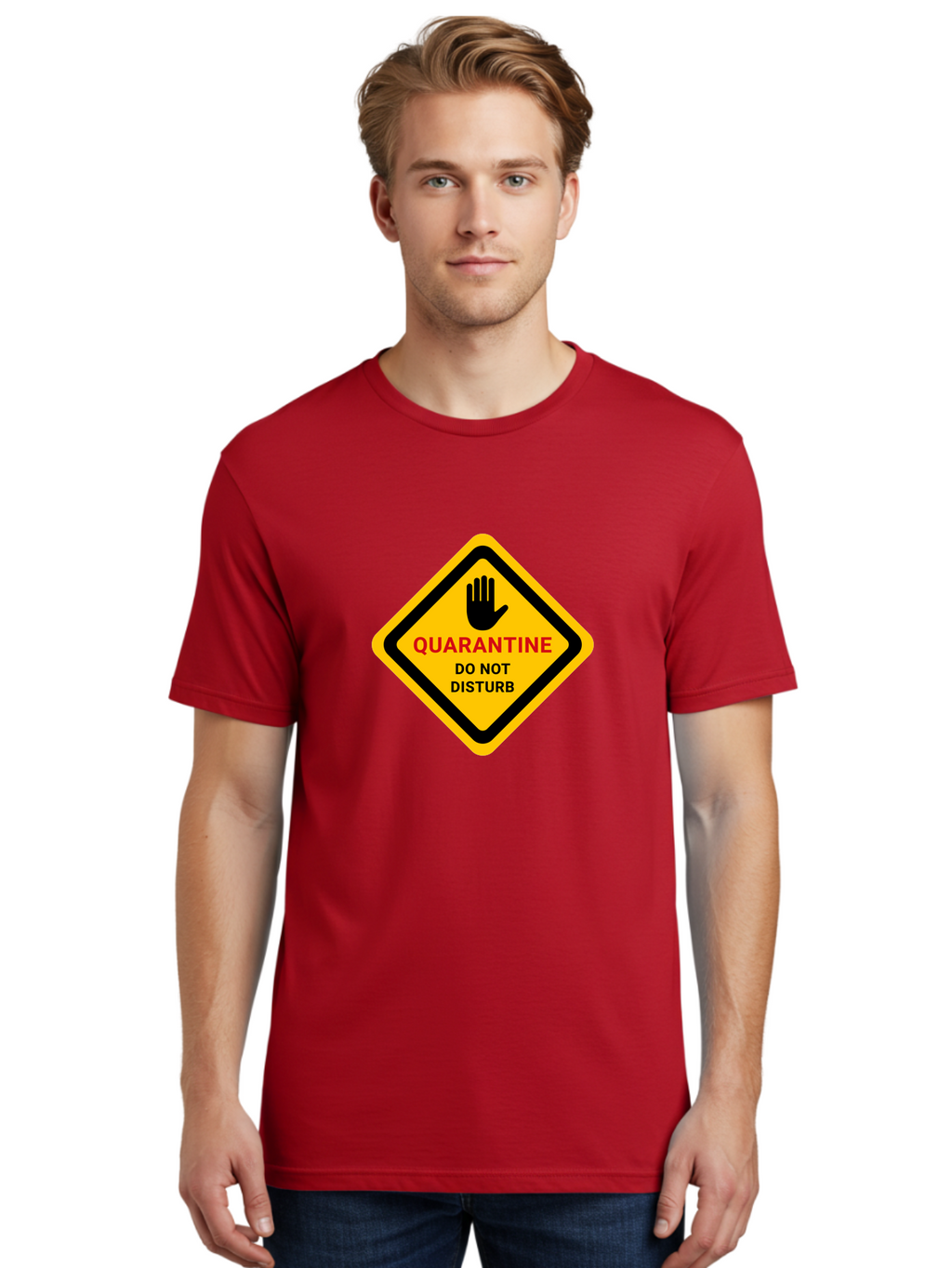 Quarantine-Warning-Sign Men'S Graphic Tee, 100% Cotton, Comfortable Casual Summer Wear, Machine Washable, Quarantine Sign, Warning Sign, Do Not Disturb, Hand Gesture, Caution Sign, Health Alert, Isolation Notice, Pandemic Warning Aab915