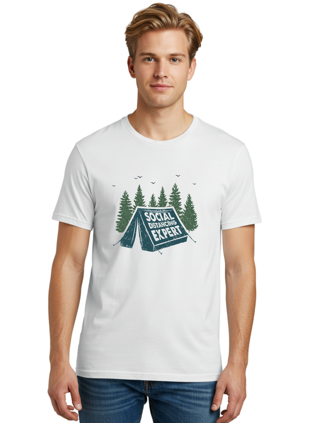 Social-Distancing-Expert-1 Men'S Graphic Tee, 100% Cotton, Comfortable Casual Summer Wear, Machine Washable, Camping Tent, Social Distancing Expert, Wilderness Adventure, Outdoor Recreation, Coronavirus Safety, Camping Humor, Tent Camping, Aab918