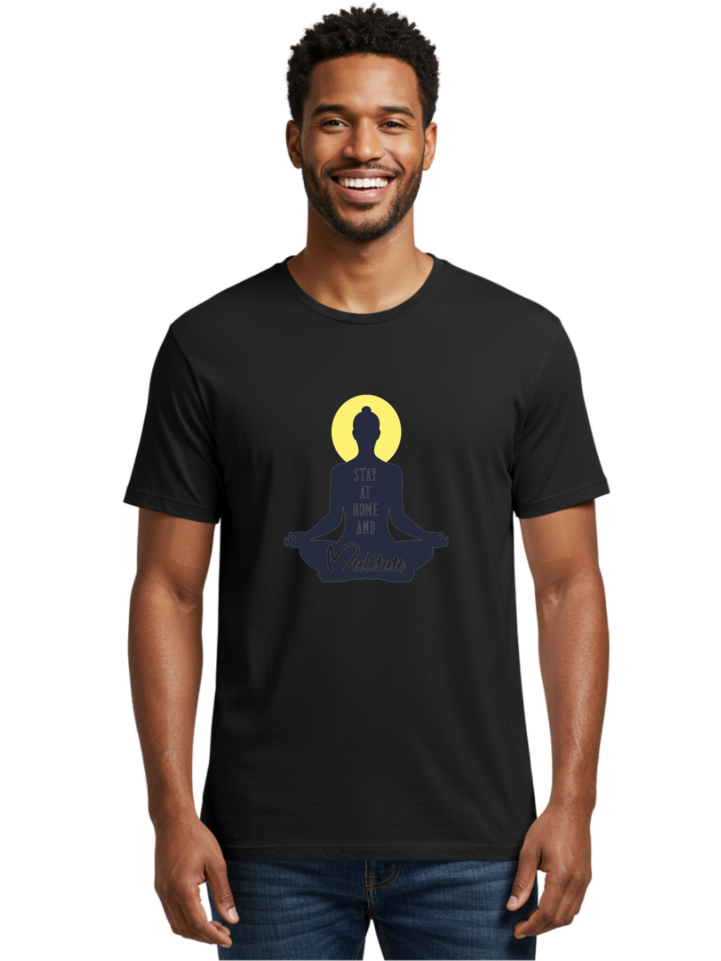 Stay-At-Home-And-Meditate Men'S Graphic Tee, 100% Cotton, Comfortable Casual Summer Wear, Machine Washable, Meditation Practice, Yoga Pose, Mindfulness, Inner Peace, Relaxation, Staying Home, Calm Atmosphere, Lotus Position, Serene Mood, Aab921