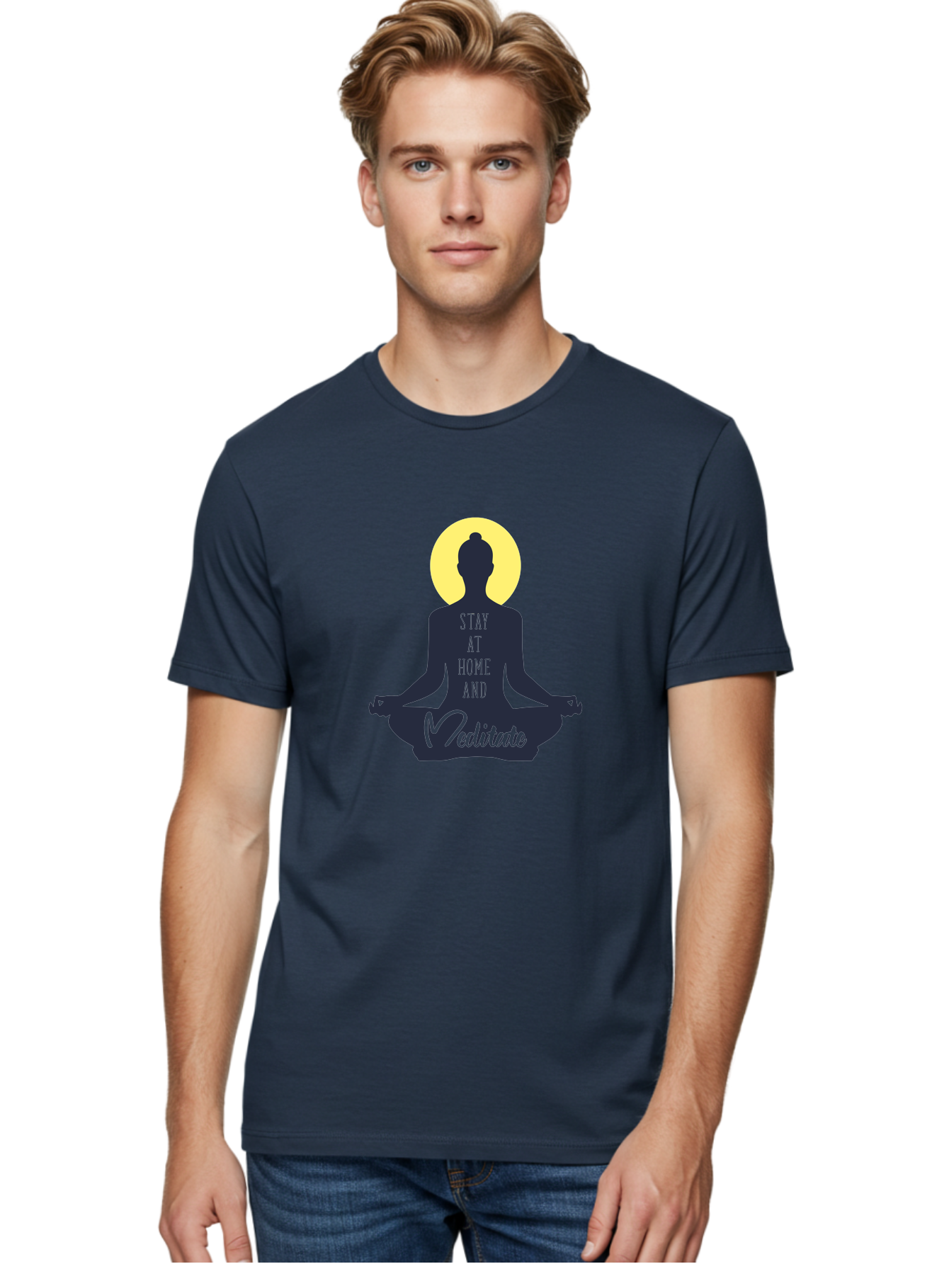 Stay-At-Home-And-Meditate Men'S Graphic Tee, 100% Cotton, Comfortable Casual Summer Wear, Machine Washable, Meditation Practice, Yoga Pose, Mindfulness, Inner Peace, Relaxation, Staying Home, Calm Atmosphere, Lotus Position, Serene Mood, Aab921