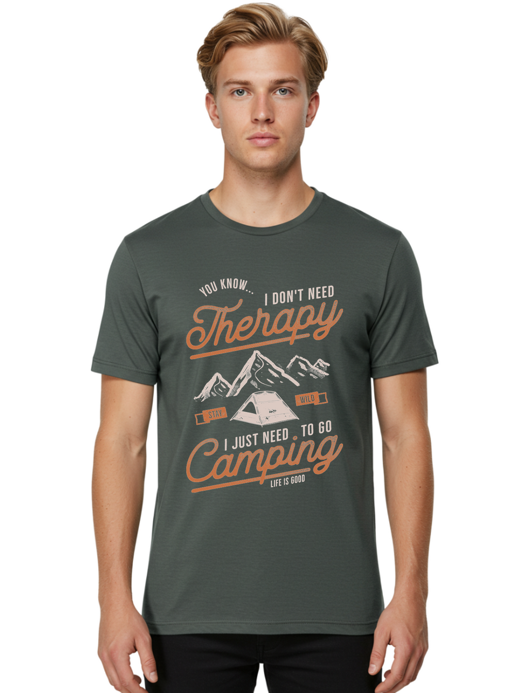 Camping-Therapy-1 Men'S Graphic Tee, 100% Cotton, Comfortable Casual Summer Wear, Machine Washable, Camping Therapy, Outdoor Adventure, Nature Escape, Mountains, Tent, Relaxation, Stress Relief, Wellness, Adventure Seeking, Inspirational Quote Aab930