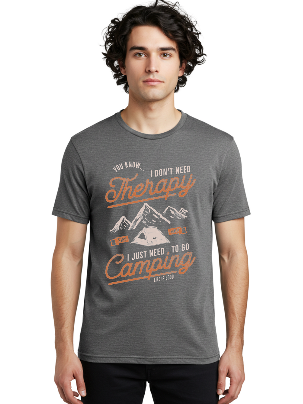 Camping-Therapy-1 Men'S Graphic Tee, 100% Cotton, Comfortable Casual Summer Wear, Machine Washable, Camping Therapy, Outdoor Adventure, Nature Escape, Mountains, Tent, Relaxation, Stress Relief, Wellness, Adventure Seeking, Inspirational Quote Aab930