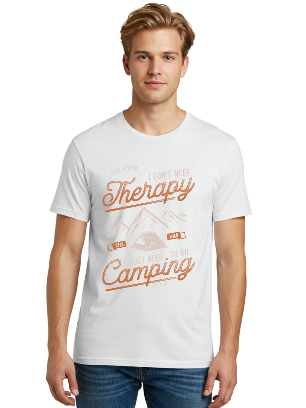 Camping-Therapy-1 Men'S Graphic Tee, 100% Cotton, Comfortable Casual Summer Wear, Machine Washable, Camping Therapy, Outdoor Adventure, Nature Escape, Mountains, Tent, Relaxation, Stress Relief, Wellness, Adventure Seeking, Inspirational Quote Aab930