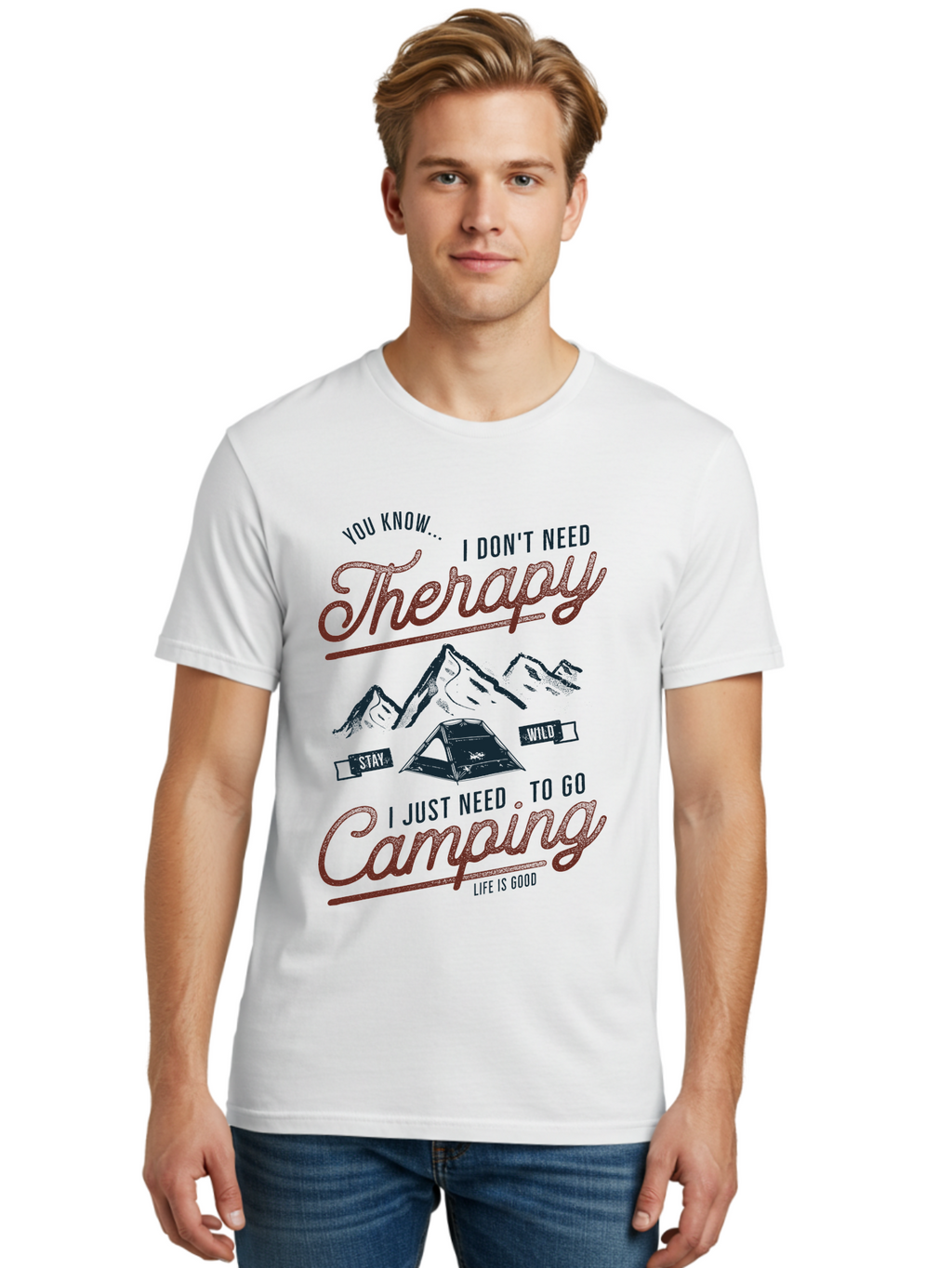 Camping-Therapy Men'S Graphic Tee, 100% Cotton, Comfortable Casual Summer Wear, Machine Washable, Camping Therapy, Outdoor Adventure, Wilderness Escape, Stay Wild, Life Is Good, Nature Therapy, Camping Quotes, Adventure Seeking, Aab931