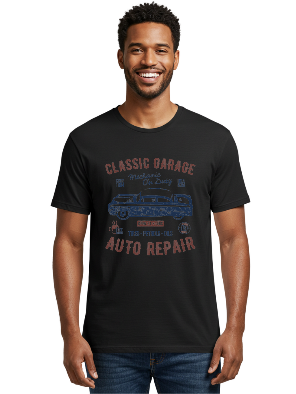 Classic-Garage-Auto-Repair Men'S Graphic Tee, 100% Cotton, Comfortable Casual Summer Wear, Machine Washable, Classic Car, Garage Services, 24-Hour Auto Repair, Mechanic On Duty, Tires, Petrols, Oils, Free Coffee, Usa-Based, Auto Repair Shop, Aab932