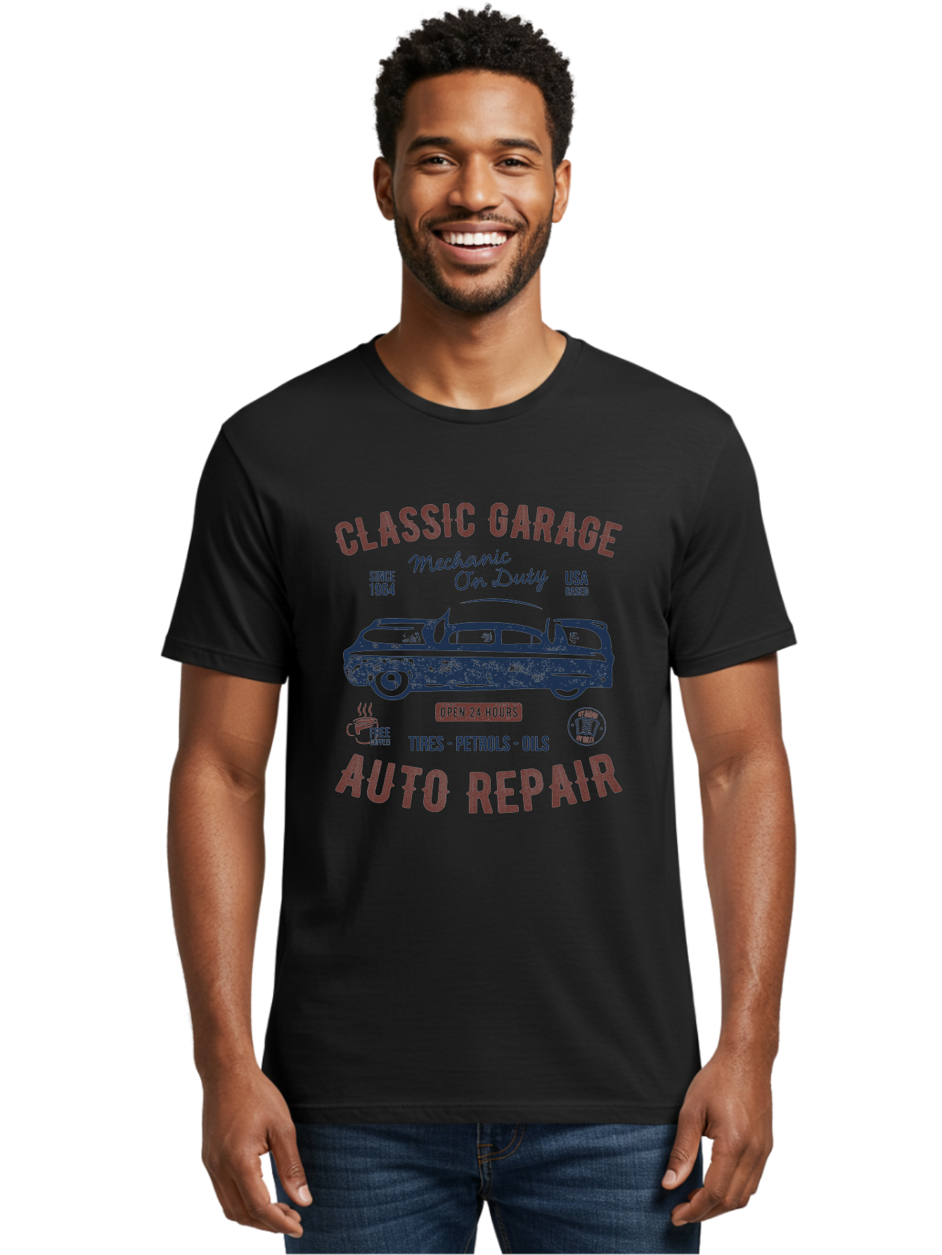 Classic-Garage-Auto-Repair Men'S Graphic Tee, 100% Cotton, Comfortable Casual Summer Wear, Machine Washable, Classic Car, Garage Services, 24-Hour Auto Repair, Mechanic On Duty, Tires, Petrols, Oils, Free Coffee, Usa-Based, Auto Repair Shop, Aab932