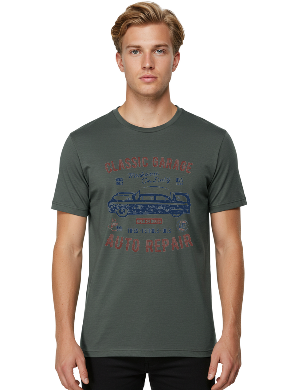 Classic-Garage-Auto-Repair Men'S Graphic Tee, 100% Cotton, Comfortable Casual Summer Wear, Machine Washable, Classic Car, Garage Services, 24-Hour Auto Repair, Mechanic On Duty, Tires, Petrols, Oils, Free Coffee, Usa-Based, Auto Repair Shop, Aab932