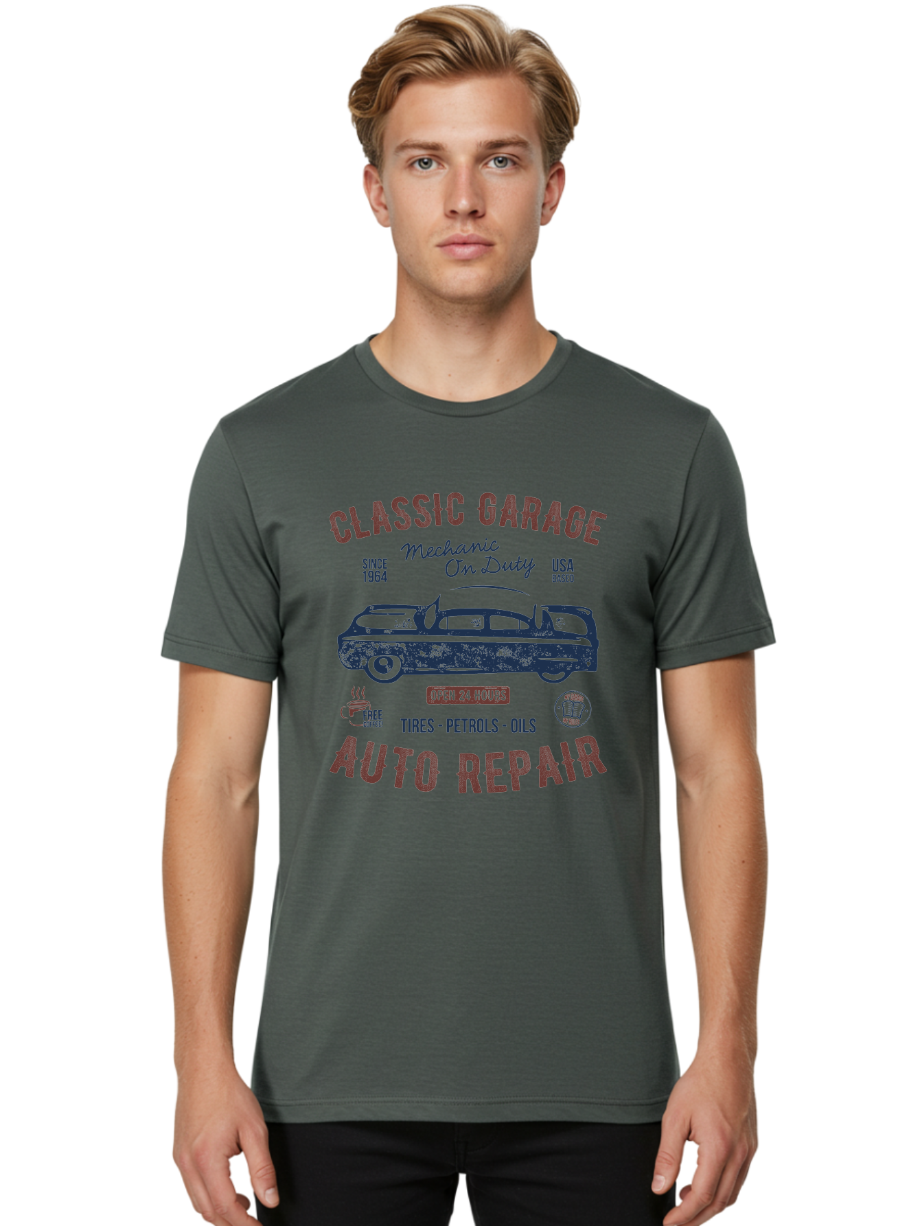 Classic-Garage-Auto-Repair Men'S Graphic Tee, 100% Cotton, Comfortable Casual Summer Wear, Machine Washable, Classic Car, Garage Services, 24-Hour Auto Repair, Mechanic On Duty, Tires, Petrols, Oils, Free Coffee, Usa-Based, Auto Repair Shop, Aab932