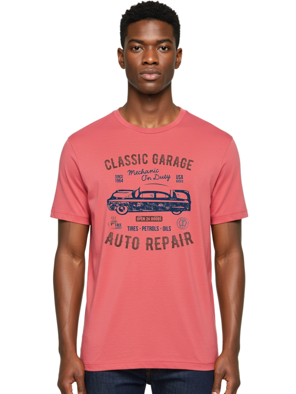 Classic-Garage-Auto-Repair Men'S Graphic Tee, 100% Cotton, Comfortable Casual Summer Wear, Machine Washable, Classic Car, Garage Services, 24-Hour Auto Repair, Mechanic On Duty, Tires, Petrols, Oils, Free Coffee, Usa-Based, Auto Repair Shop, Aab932
