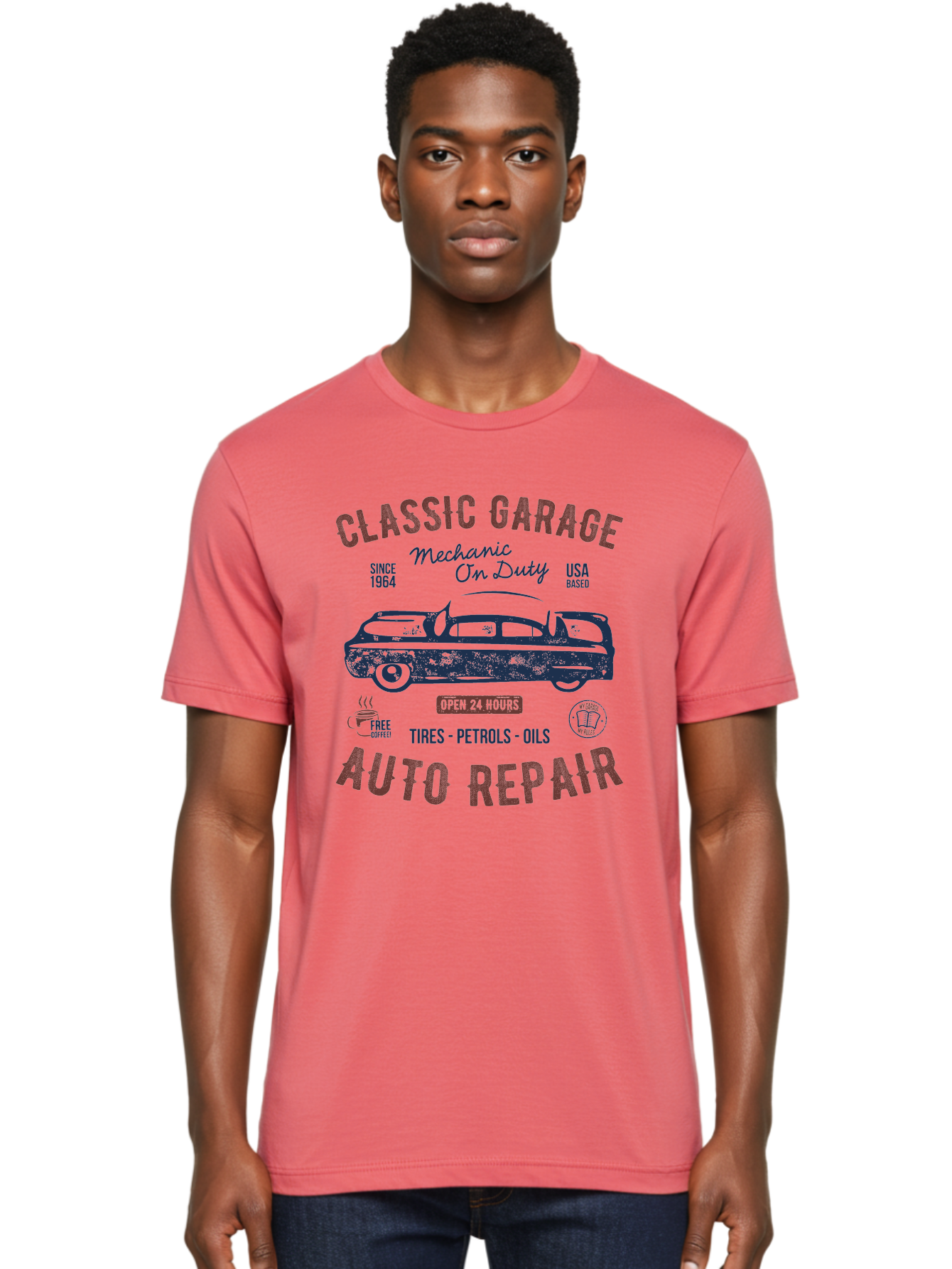 Classic-Garage-Auto-Repair Men'S Graphic Tee, 100% Cotton, Comfortable Casual Summer Wear, Machine Washable, Classic Car, Garage Services, 24-Hour Auto Repair, Mechanic On Duty, Tires, Petrols, Oils, Free Coffee, Usa-Based, Auto Repair Shop, Aab932