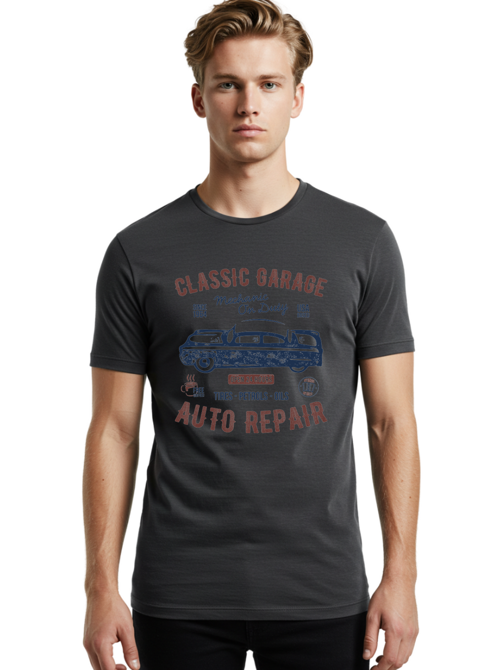 Classic-Garage-Auto-Repair Men'S Graphic Tee, 100% Cotton, Comfortable Casual Summer Wear, Machine Washable, Classic Car, Garage Services, 24-Hour Auto Repair, Mechanic On Duty, Tires, Petrols, Oils, Free Coffee, Usa-Based, Auto Repair Shop, Aab932