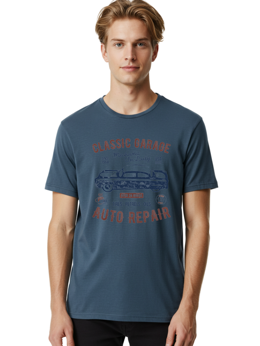 Classic-Garage-Auto-Repair Men'S Graphic Tee, 100% Cotton, Comfortable Casual Summer Wear, Machine Washable, Classic Car, Garage Services, 24-Hour Auto Repair, Mechanic On Duty, Tires, Petrols, Oils, Free Coffee, Usa-Based, Auto Repair Shop, Aab932