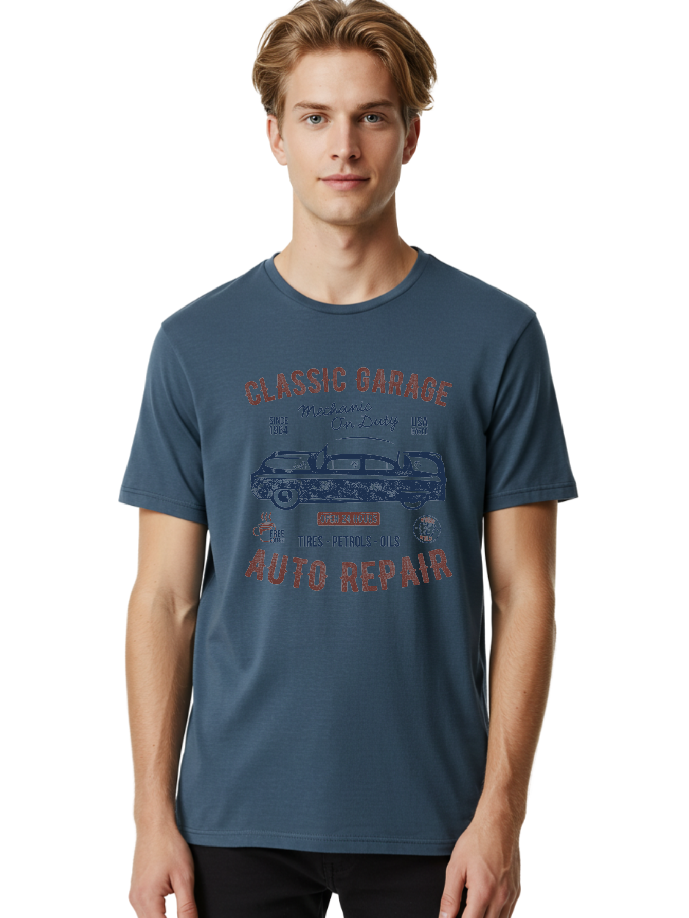 Classic-Garage-Auto-Repair Men'S Graphic Tee, 100% Cotton, Comfortable Casual Summer Wear, Machine Washable, Classic Car, Garage Services, 24-Hour Auto Repair, Mechanic On Duty, Tires, Petrols, Oils, Free Coffee, Usa-Based, Auto Repair Shop, Aab932
