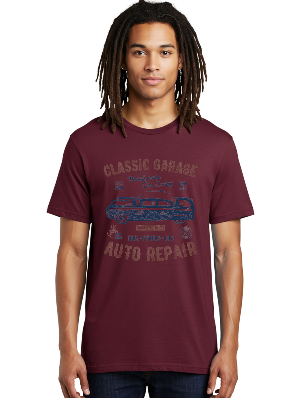 Classic-Garage-Auto-Repair Men'S Graphic Tee, 100% Cotton, Comfortable Casual Summer Wear, Machine Washable, Classic Car, Garage Services, 24-Hour Auto Repair, Mechanic On Duty, Tires, Petrols, Oils, Free Coffee, Usa-Based, Auto Repair Shop, Aab932