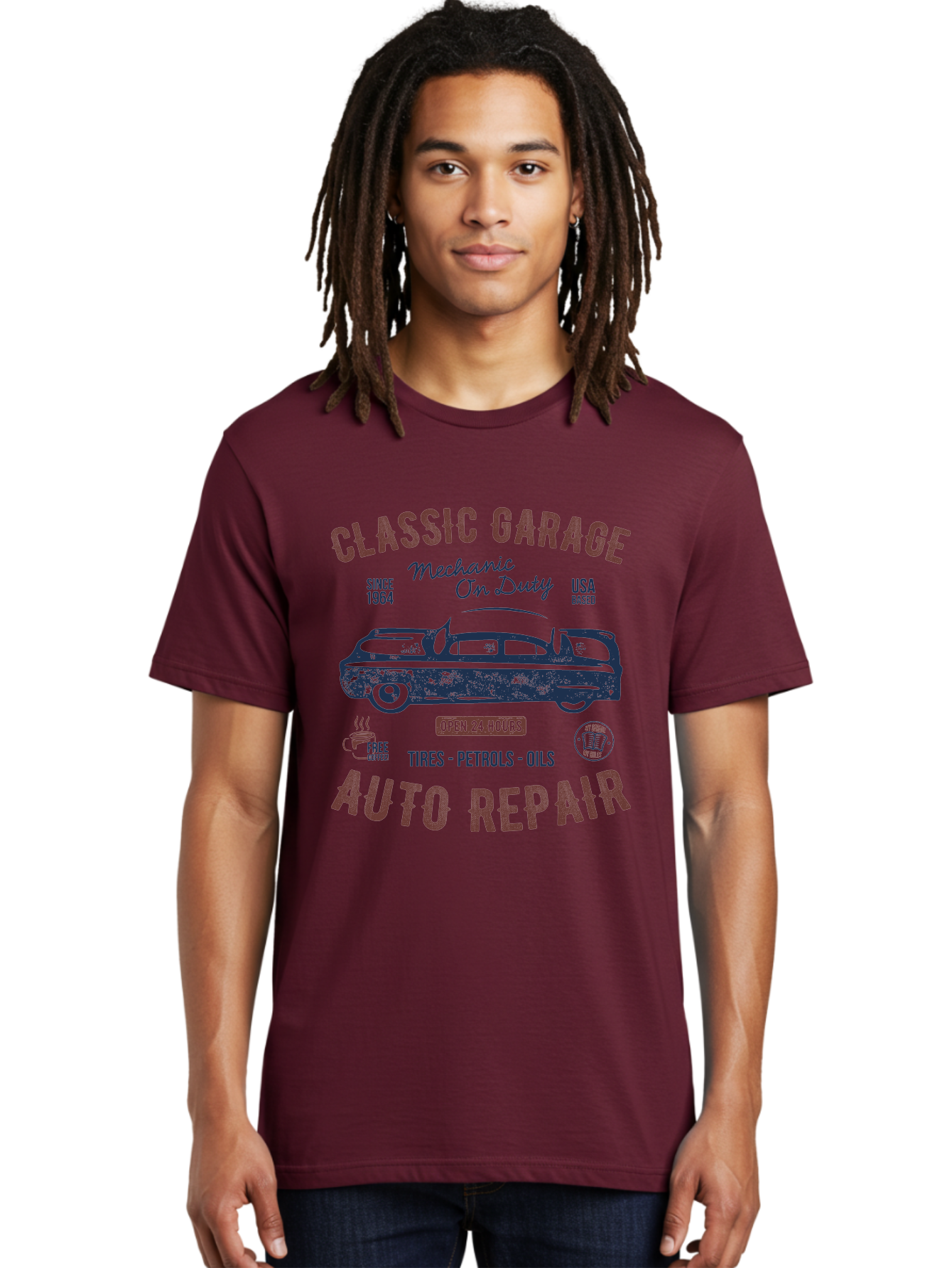 Classic-Garage-Auto-Repair Men'S Graphic Tee, 100% Cotton, Comfortable Casual Summer Wear, Machine Washable, Classic Car, Garage Services, 24-Hour Auto Repair, Mechanic On Duty, Tires, Petrols, Oils, Free Coffee, Usa-Based, Auto Repair Shop, Aab932