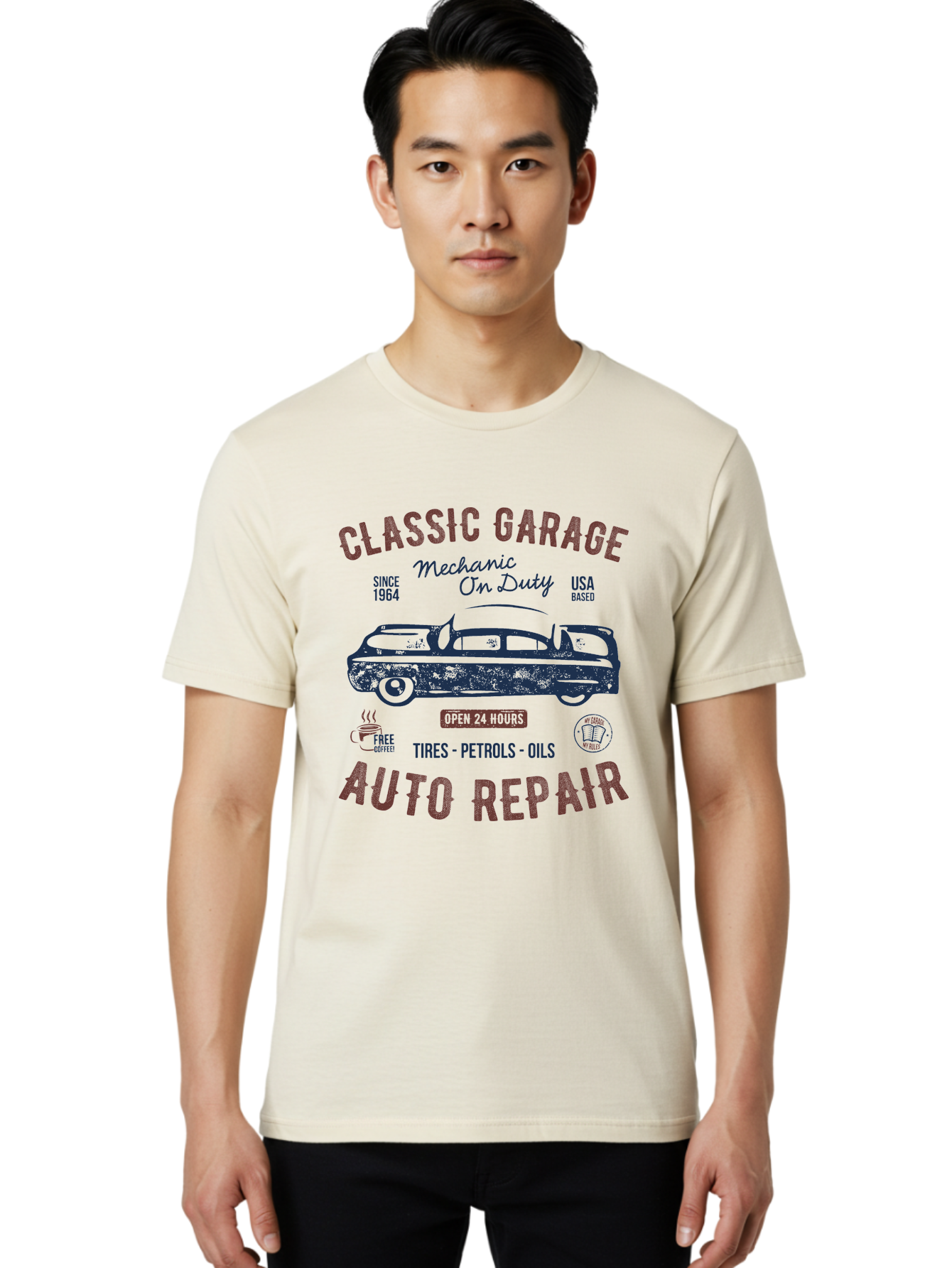 Classic-Garage-Auto-Repair Men'S Graphic Tee, 100% Cotton, Comfortable Casual Summer Wear, Machine Washable, Classic Car, Garage Services, 24-Hour Auto Repair, Mechanic On Duty, Tires, Petrols, Oils, Free Coffee, Usa-Based, Auto Repair Shop, Aab932