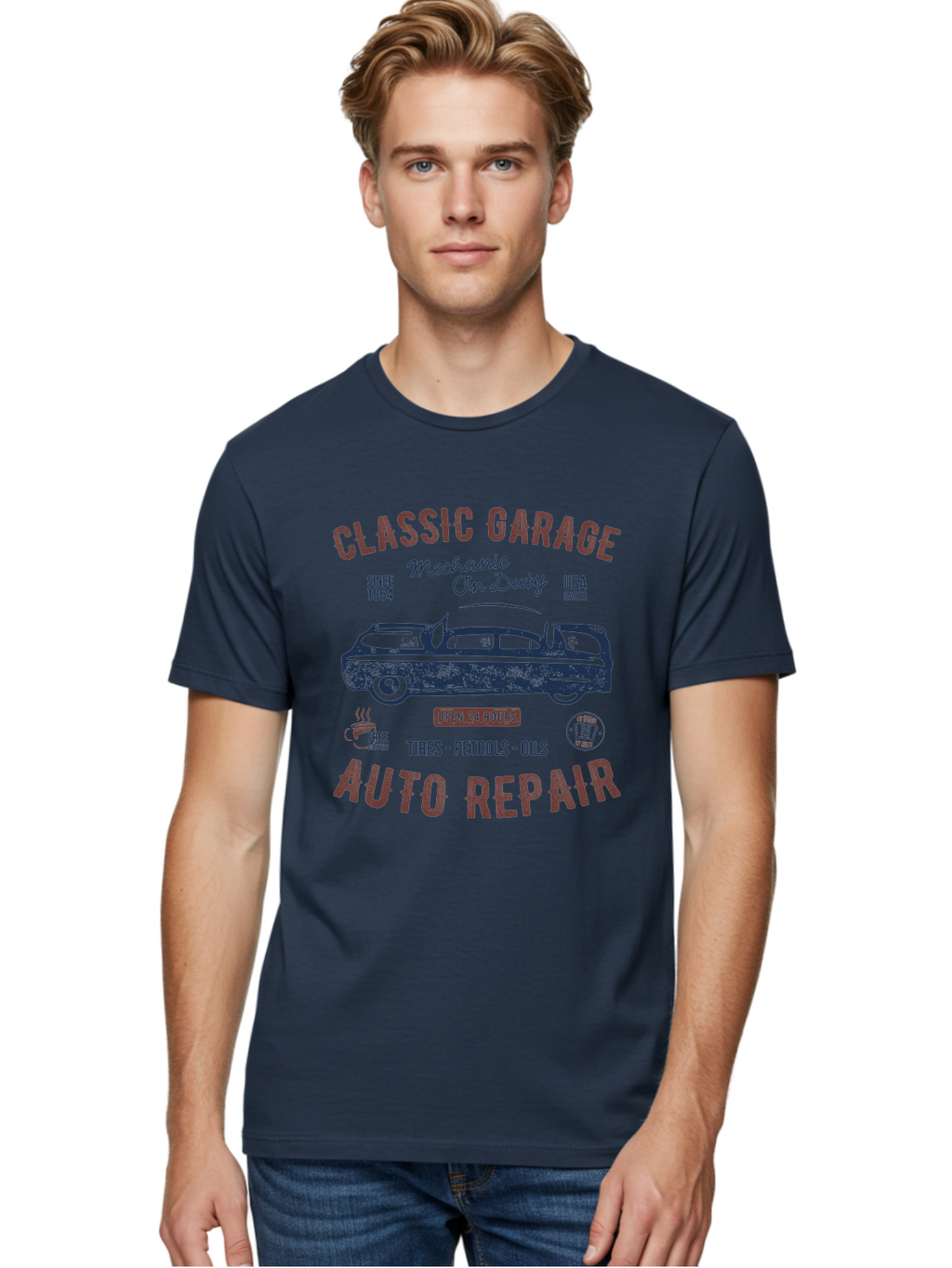 Classic-Garage-Auto-Repair Men'S Graphic Tee, 100% Cotton, Comfortable Casual Summer Wear, Machine Washable, Classic Car, Garage Services, 24-Hour Auto Repair, Mechanic On Duty, Tires, Petrols, Oils, Free Coffee, Usa-Based, Auto Repair Shop, Aab932