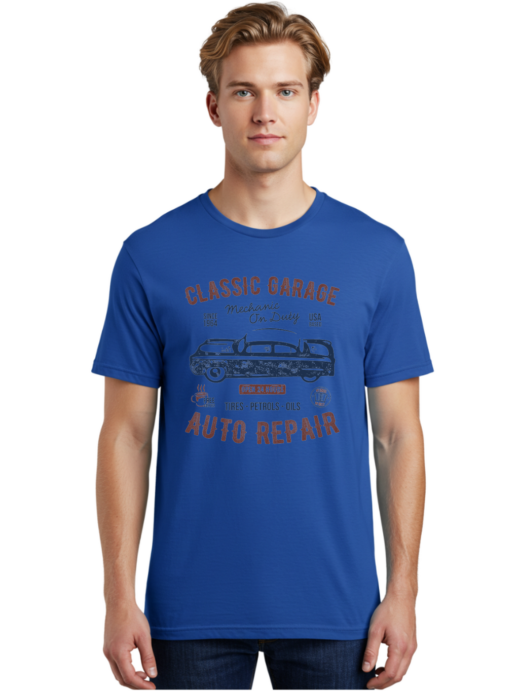 Classic-Garage-Auto-Repair Men'S Graphic Tee, 100% Cotton, Comfortable Casual Summer Wear, Machine Washable, Classic Car, Garage Services, 24-Hour Auto Repair, Mechanic On Duty, Tires, Petrols, Oils, Free Coffee, Usa-Based, Auto Repair Shop, Aab932